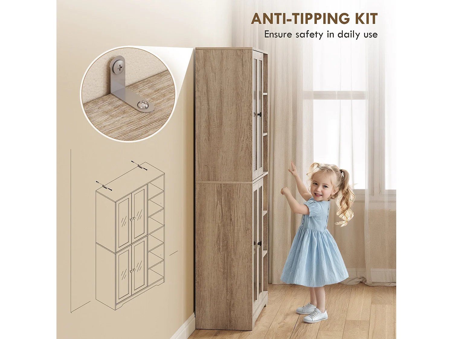 Mole Pantry Tall Oak Effect Kitchen Storage Cabinet with 4 Glass Doors