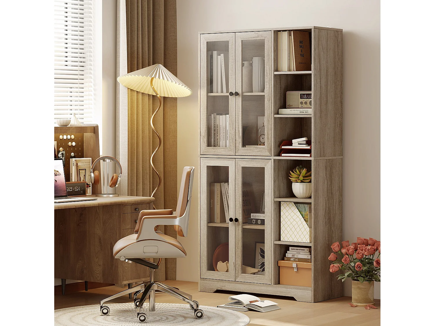 Mole Pantry Tall Oak Effect Kitchen Storage Cabinet with 4 Glass Doors