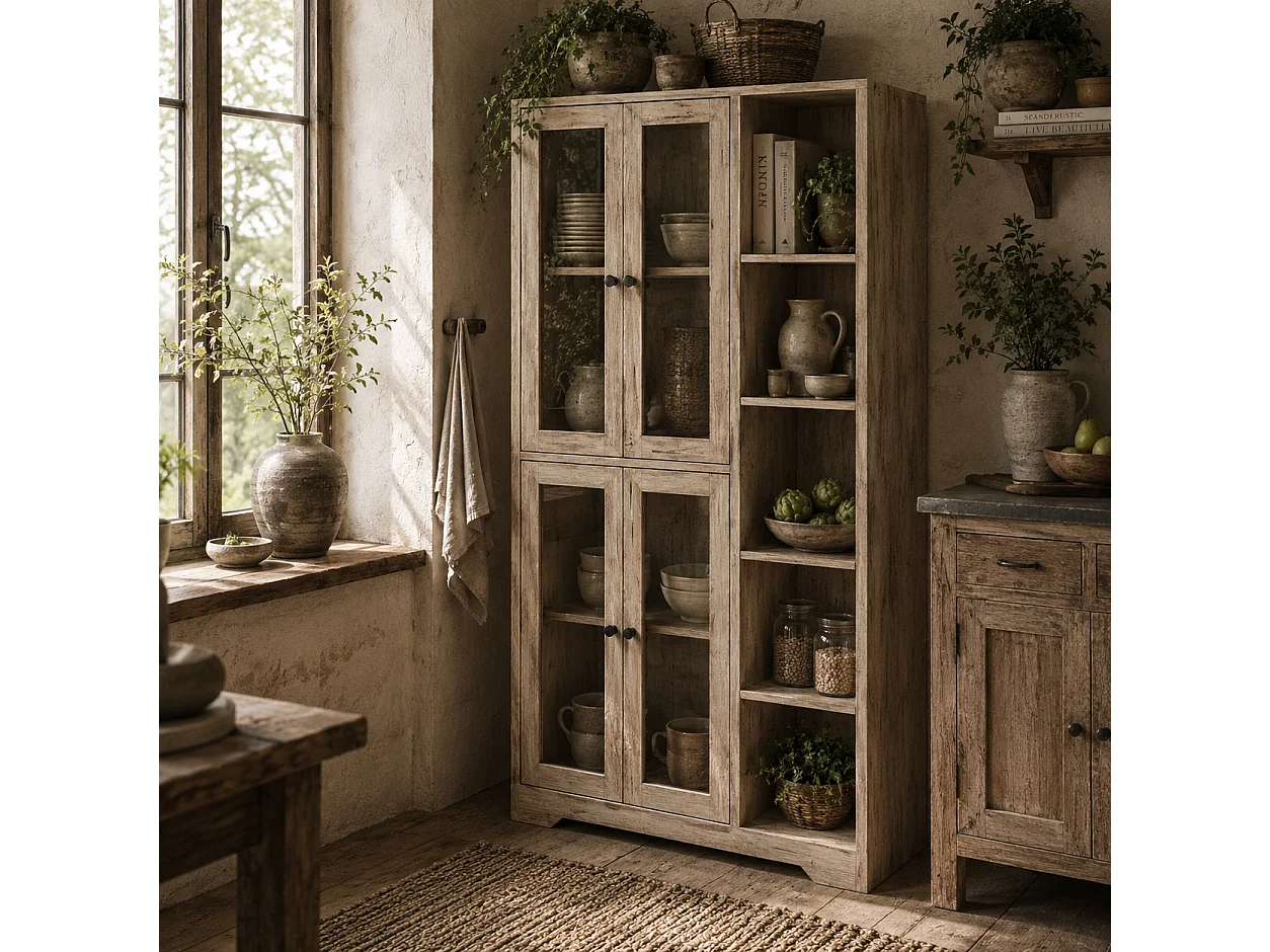 Mole Pantry Tall Oak Effect Kitchen Storage Cabinet with 4 Glass Doors