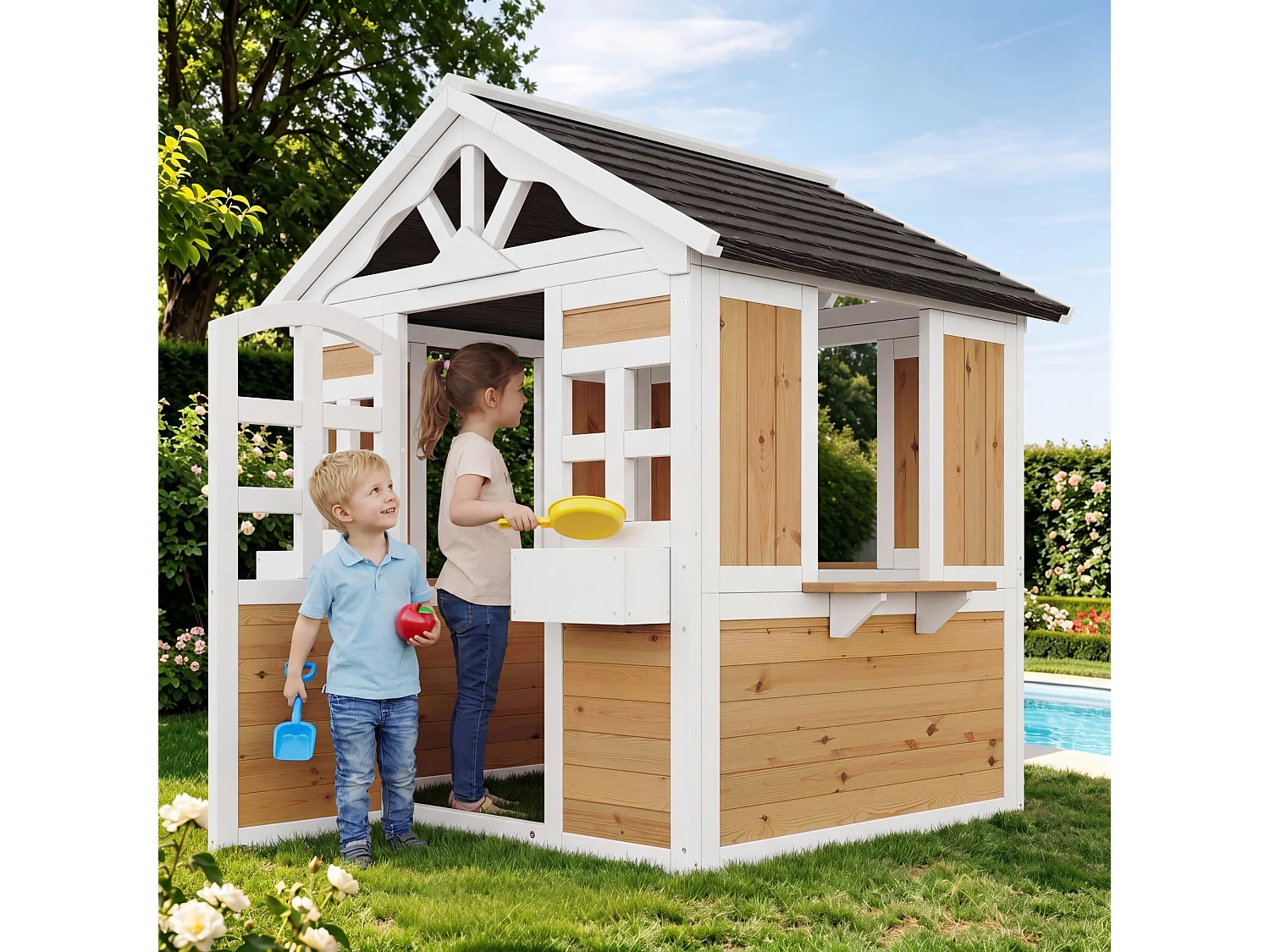 Maisonnette de jardin pour enfants en bois de sapin, cabane outdoor avec fenêtre de vente, jardinière et toit résistant, certifiée EN 71 - naturel/noir