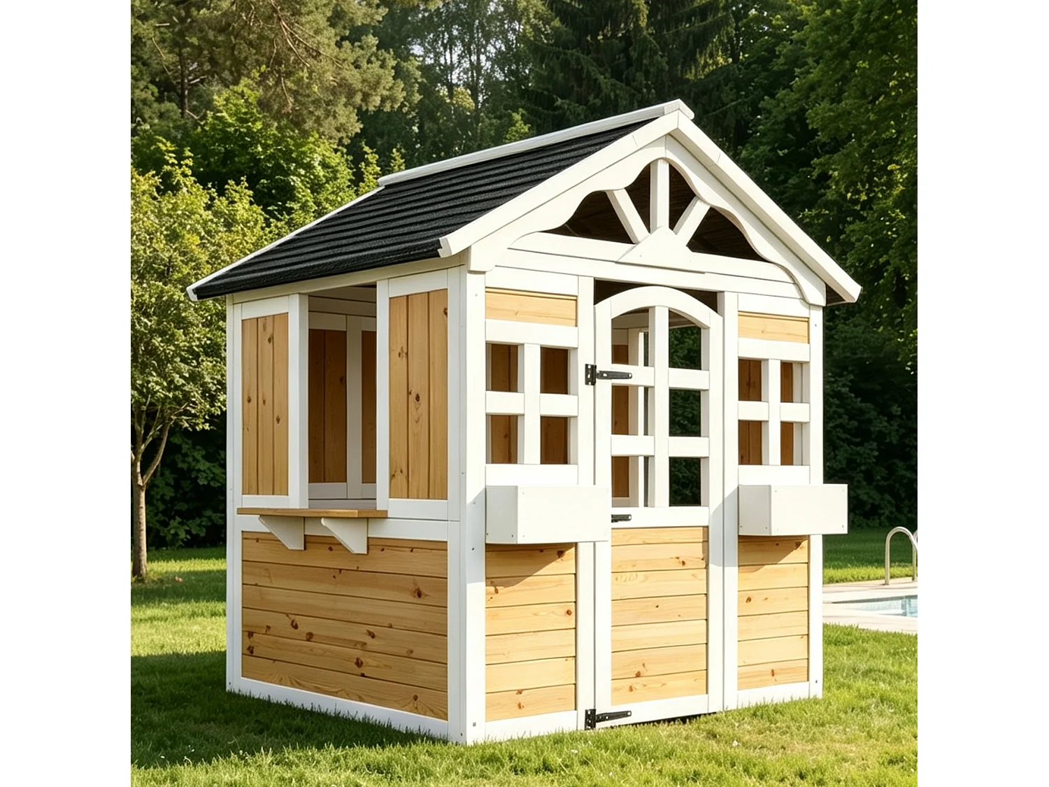 Maisonnette de jardin pour enfants en bois de sapin, cabane outdoor avec fenêtre de vente, jardinière et toit résistant, certifiée EN 71 - naturel/noir
