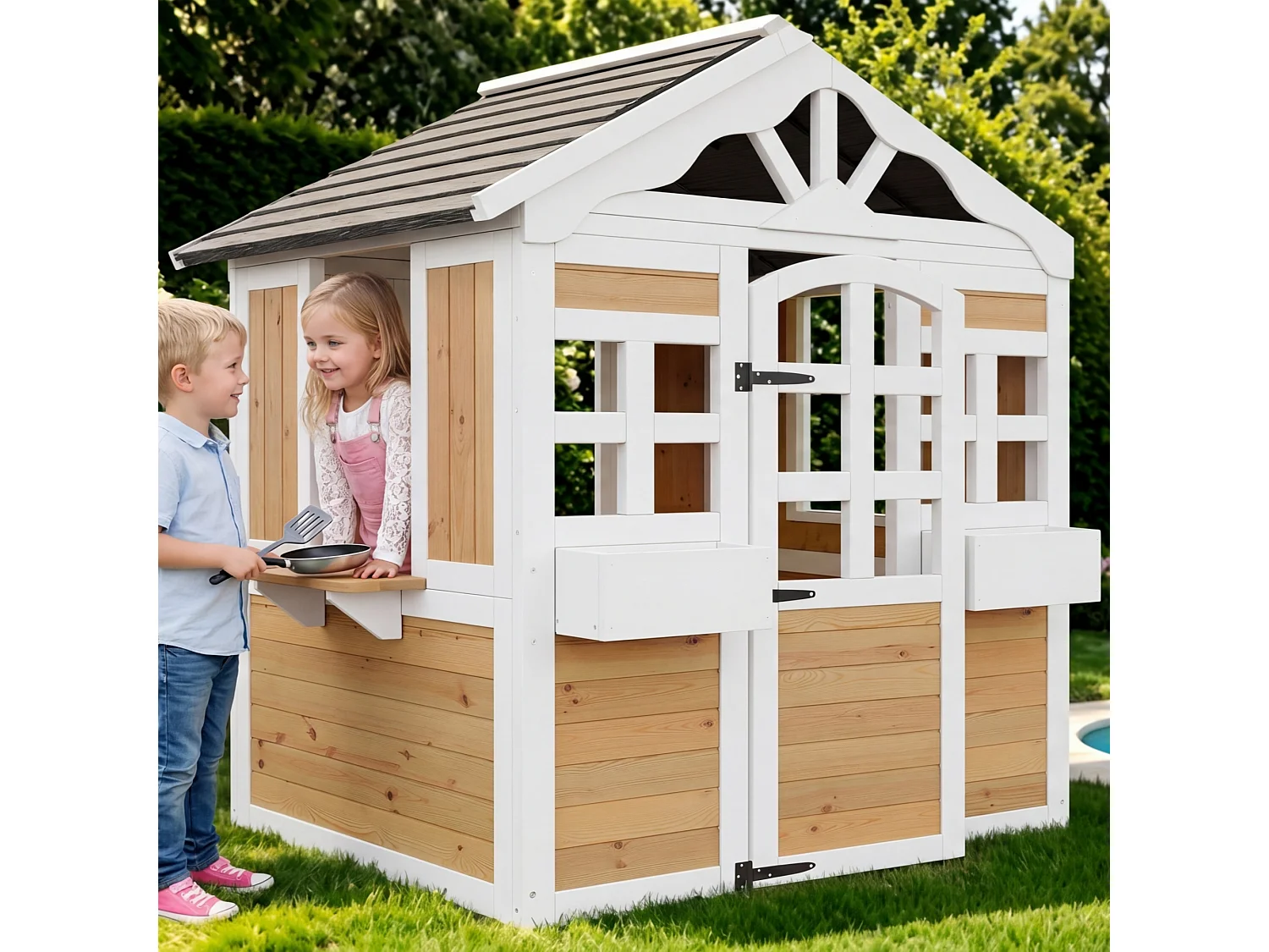 Maisonnette de jardin pour enfants en bois de sapin, cabane outdoor avec fenêtre de vente, jardinière et toit résistant, certifiée EN 71 - naturel/noir