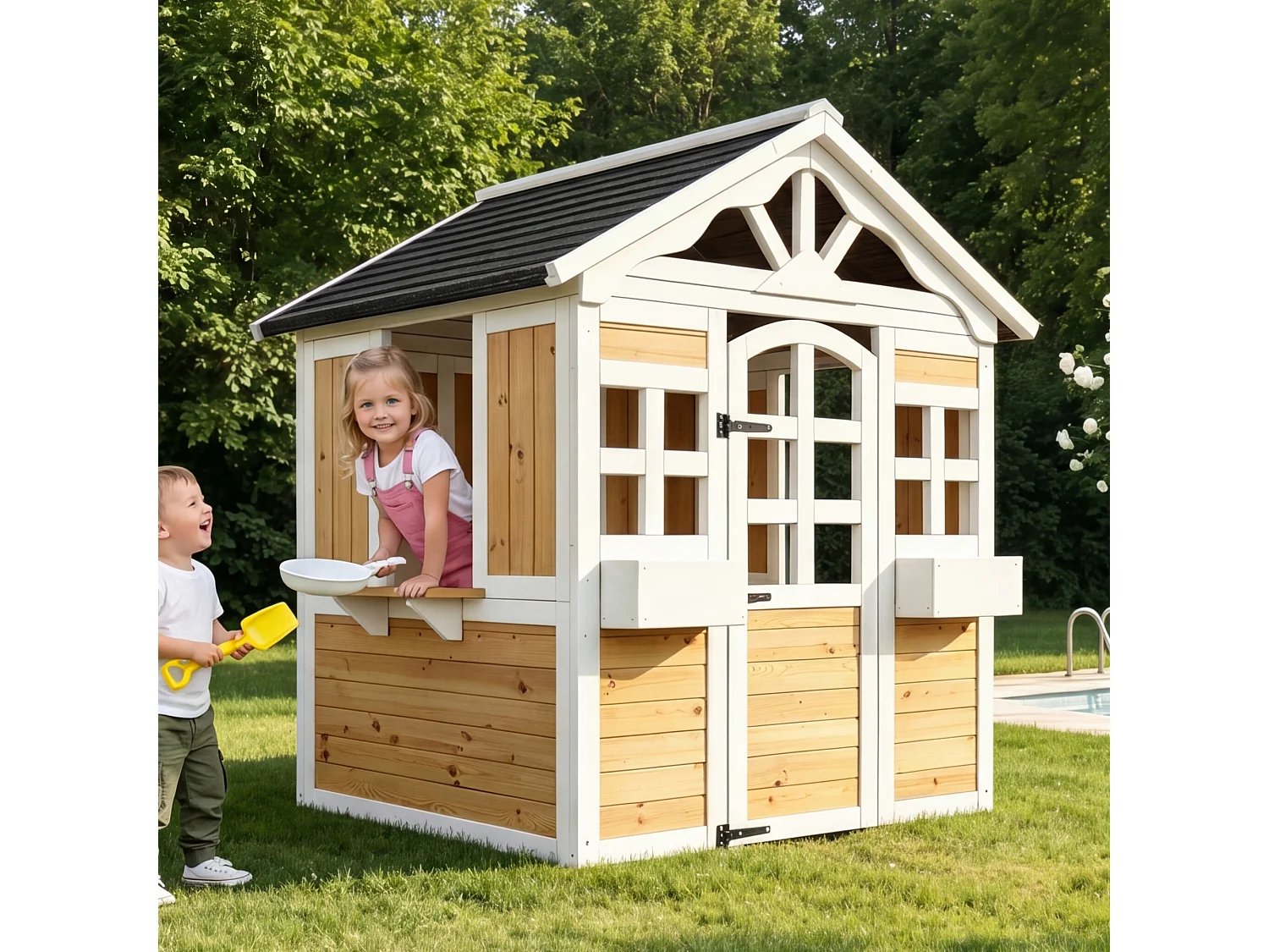 Maisonnette de jardin pour enfants en bois de sapin, cabane outdoor avec fenêtre de vente, jardinière et toit résistant, certifiée EN 71 - naturel/noir