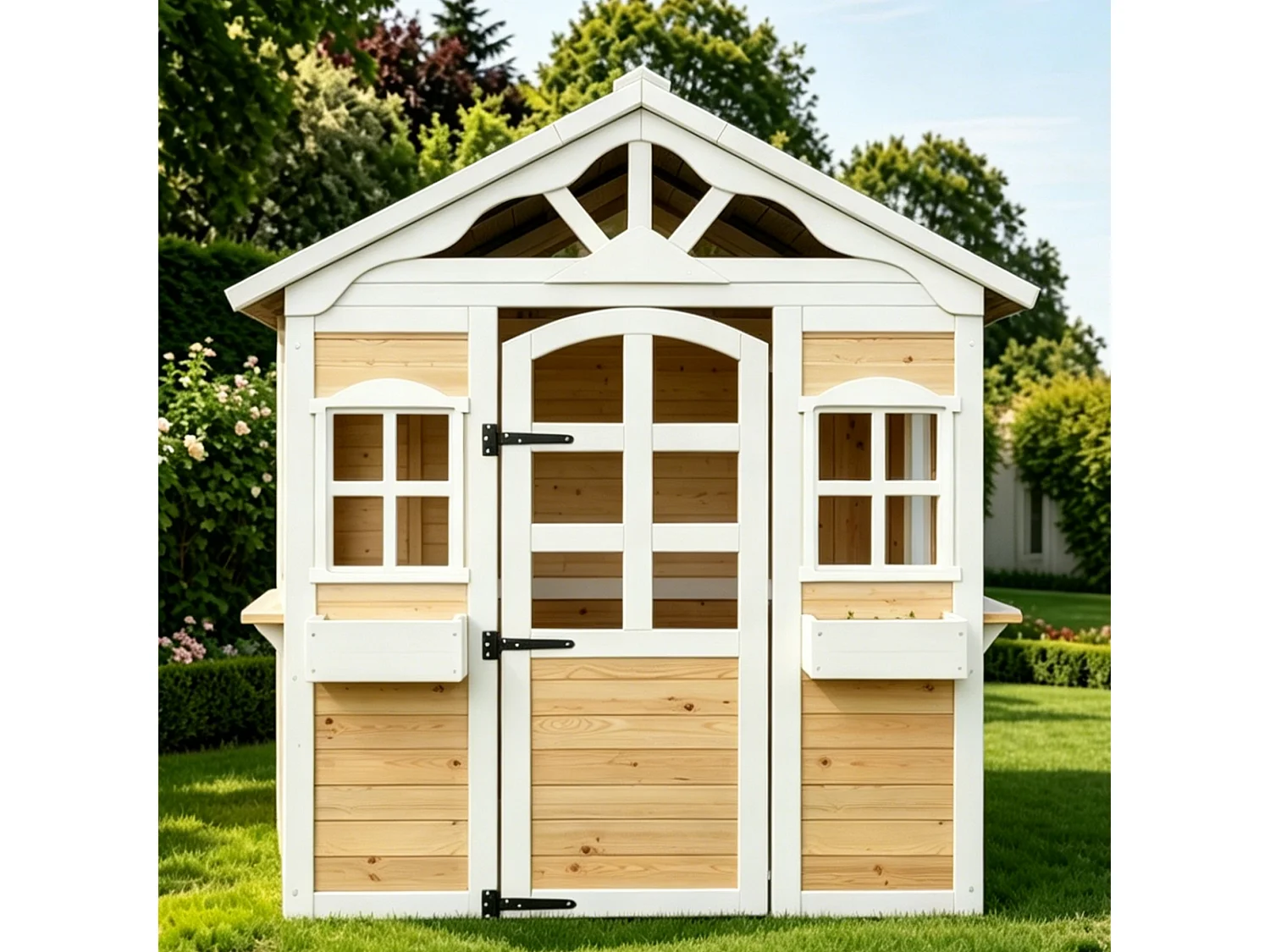 Maisonnette de jardin pour enfants en bois de sapin, cabane outdoor avec fenêtre de vente, jardinière et toit résistant, certifiée EN 71 - naturel/noir