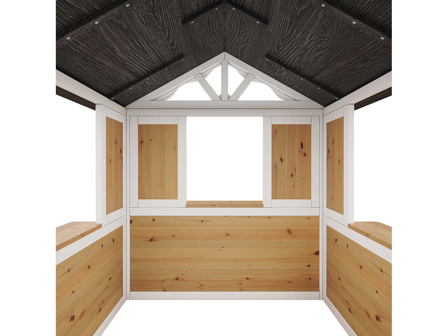 Maisonnette de jardin pour enfants en bois de sapin, cabane outdoor avec fenêtre de vente, jardinière et toit résistant, certifiée EN 71 - naturel/noir