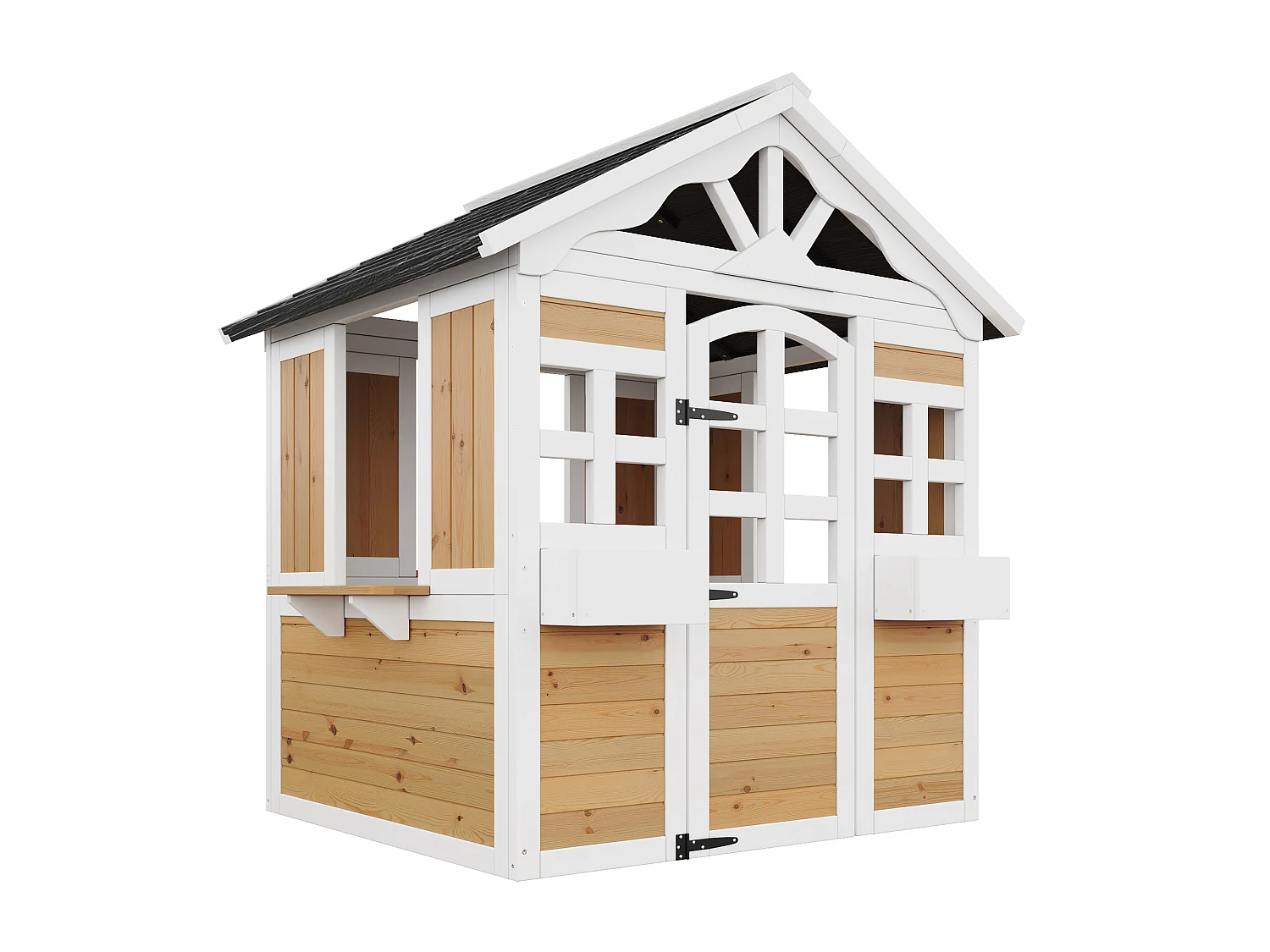 Maisonnette de jardin pour enfants en bois de sapin, cabane outdoor avec fenêtre de vente, jardinière et toit résistant, certifiée EN 71 - naturel/noir