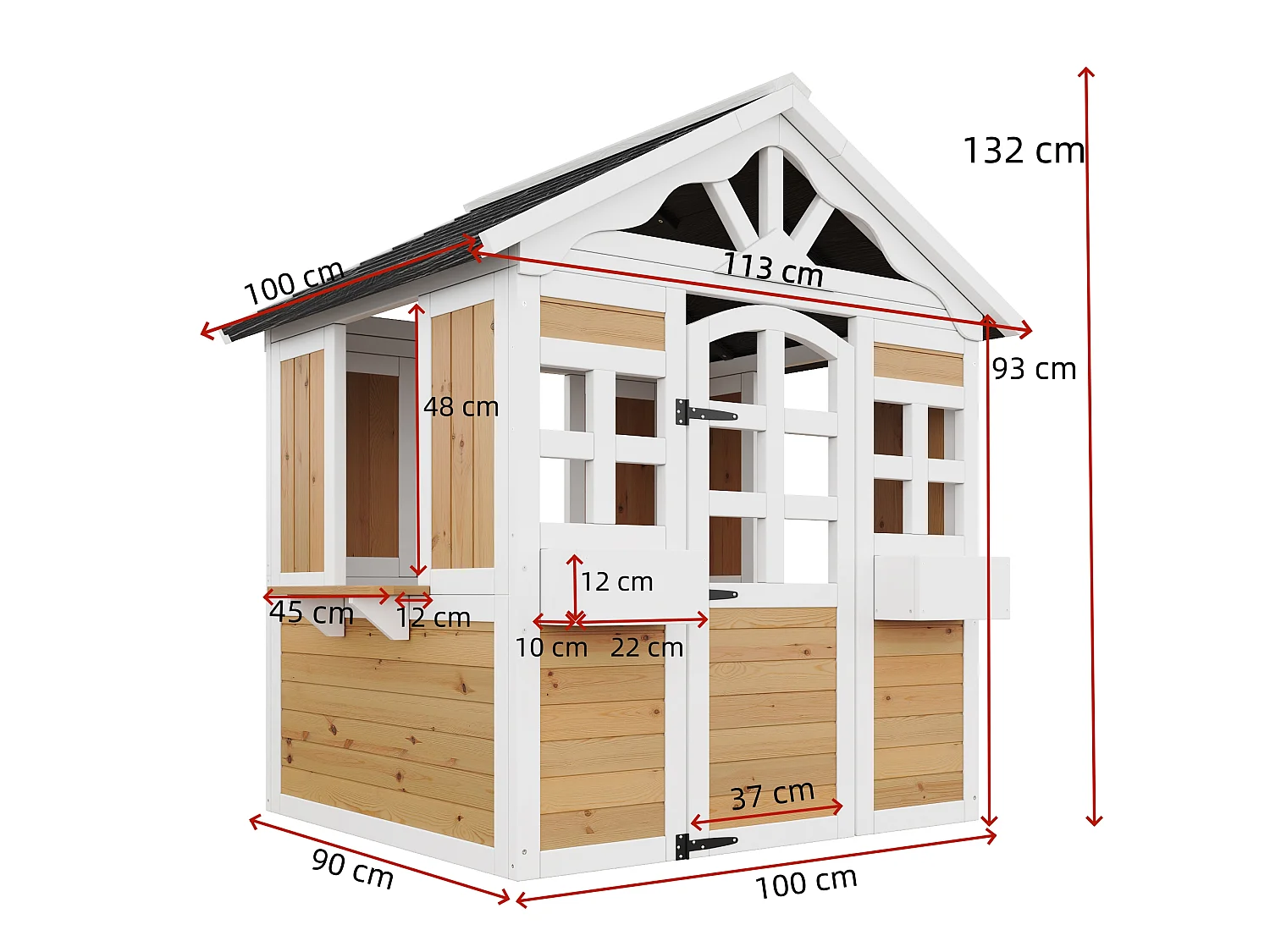Maisonnette de jardin pour enfants en bois de sapin, cabane outdoor avec fenêtre de vente, jardinière et toit résistant, certifiée EN 71 - naturel/noir