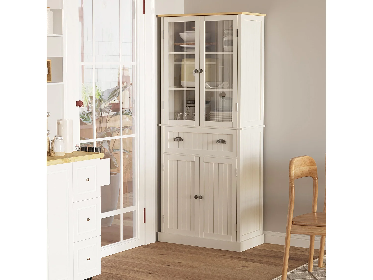 Fidozi Cream White 5 Tier Freestanding Kitchen Pantry Cabinet with Adjustable Shelves and Drawer