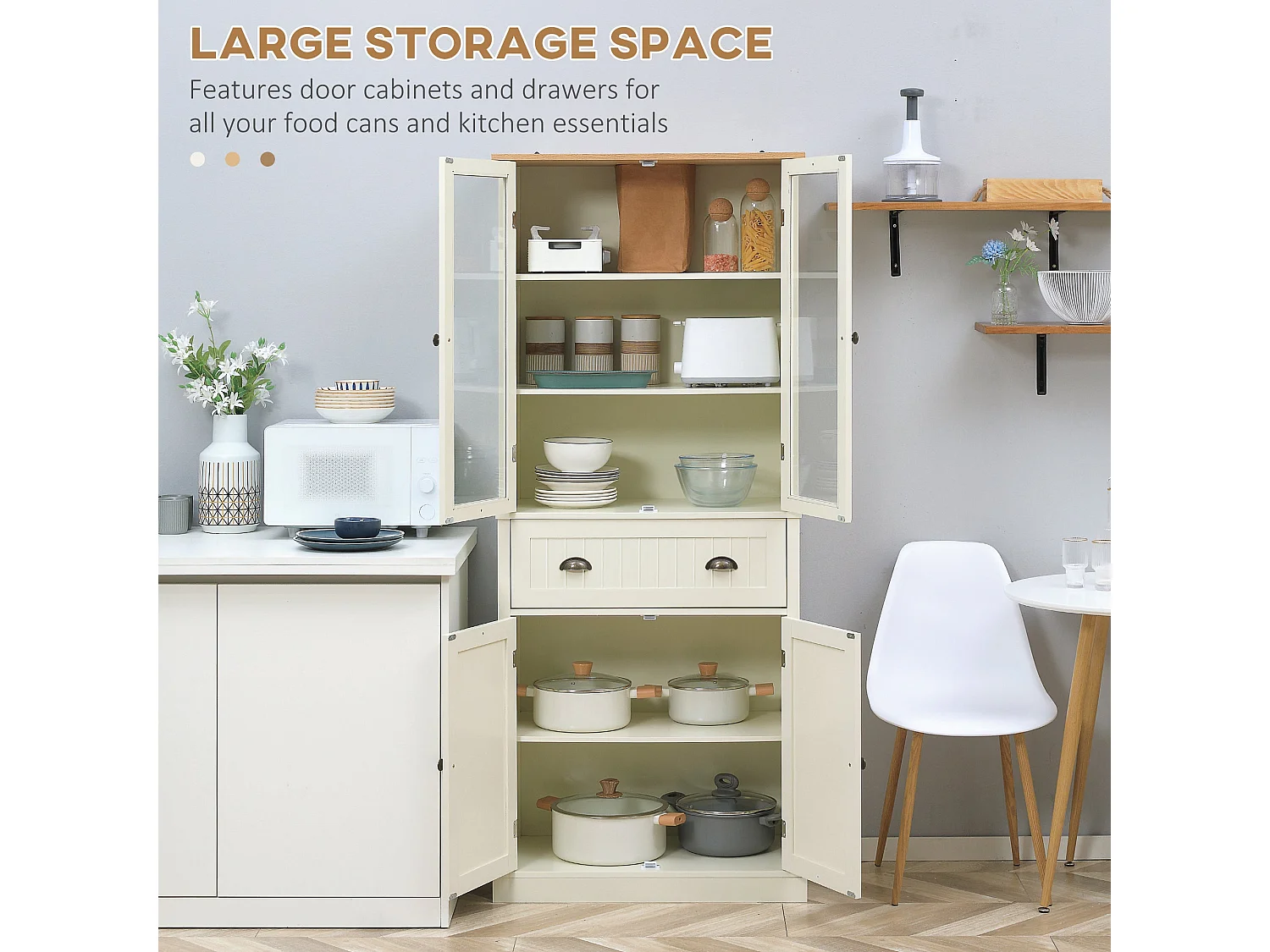 Fidozi Cream White 5 Tier Freestanding Kitchen Pantry Cabinet with Adjustable Shelves and Drawer