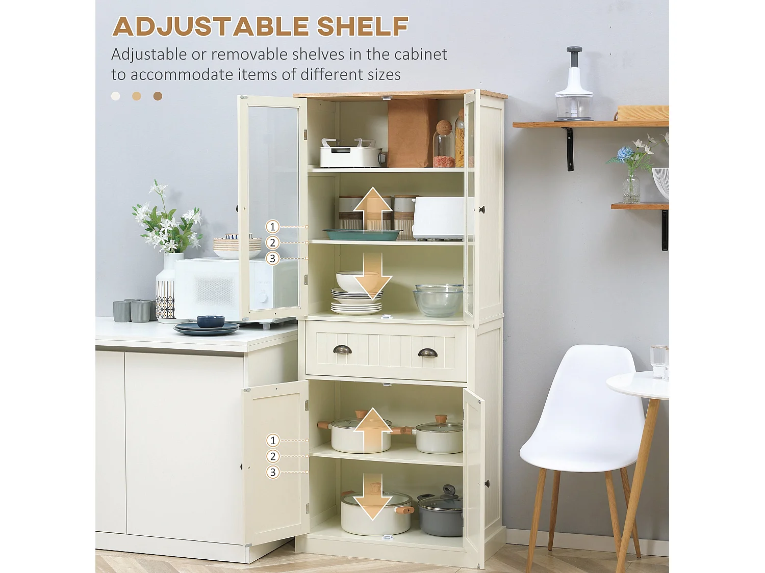 Fidozi Cream White 5 Tier Freestanding Kitchen Pantry Cabinet with Adjustable Shelves and Drawer