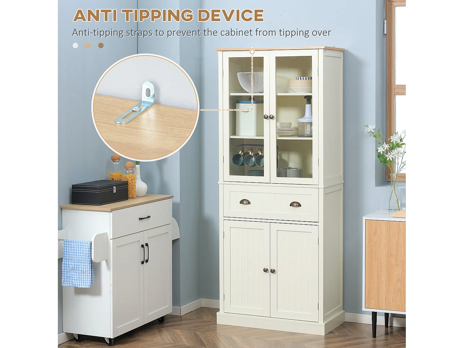 Fidozi Cream White 5 Tier Freestanding Kitchen Pantry Cabinet with Adjustable Shelves and Drawer