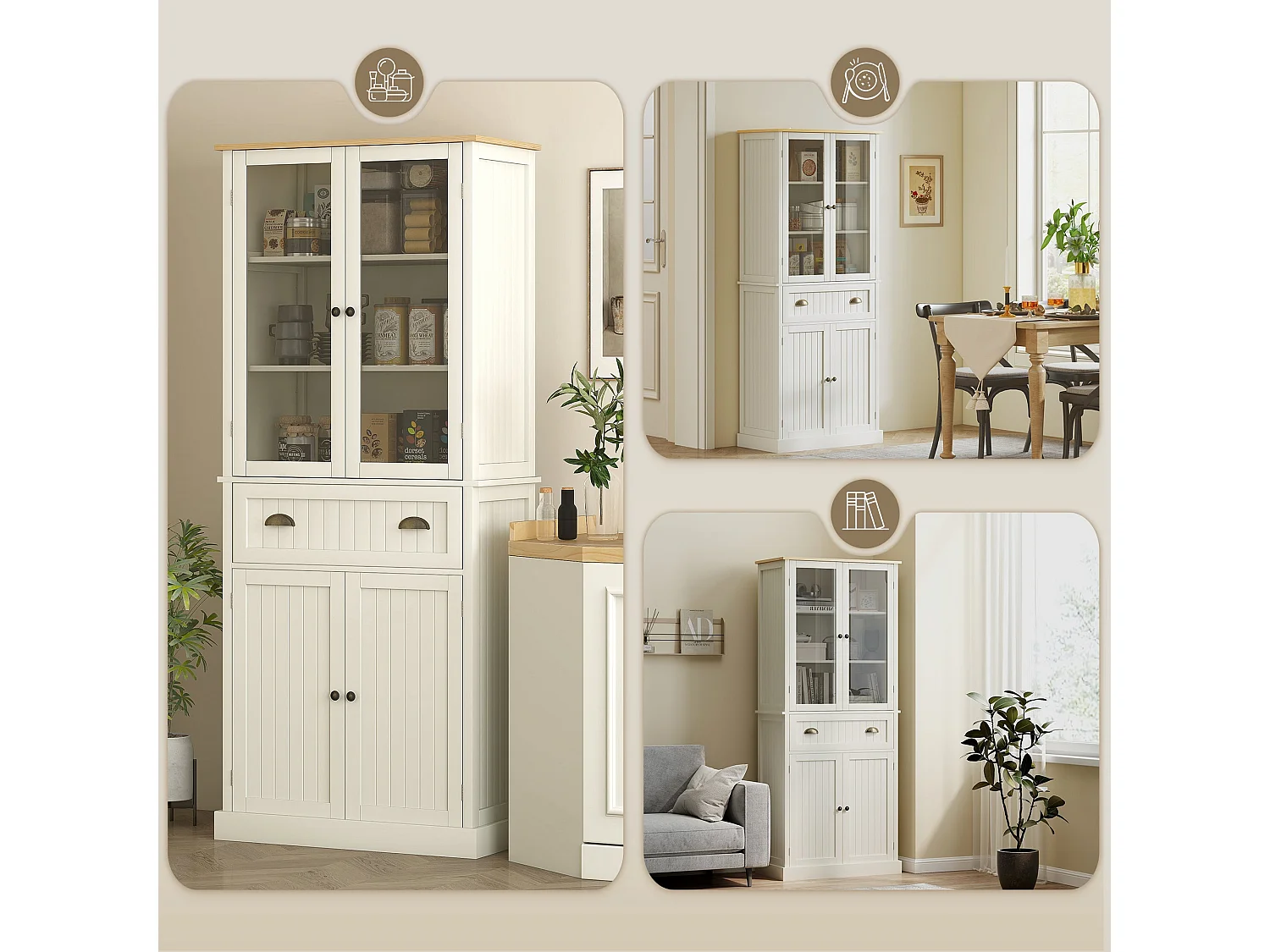 Fidozi Cream White 5 Tier Freestanding Kitchen Pantry Cabinet with Adjustable Shelves and Drawer