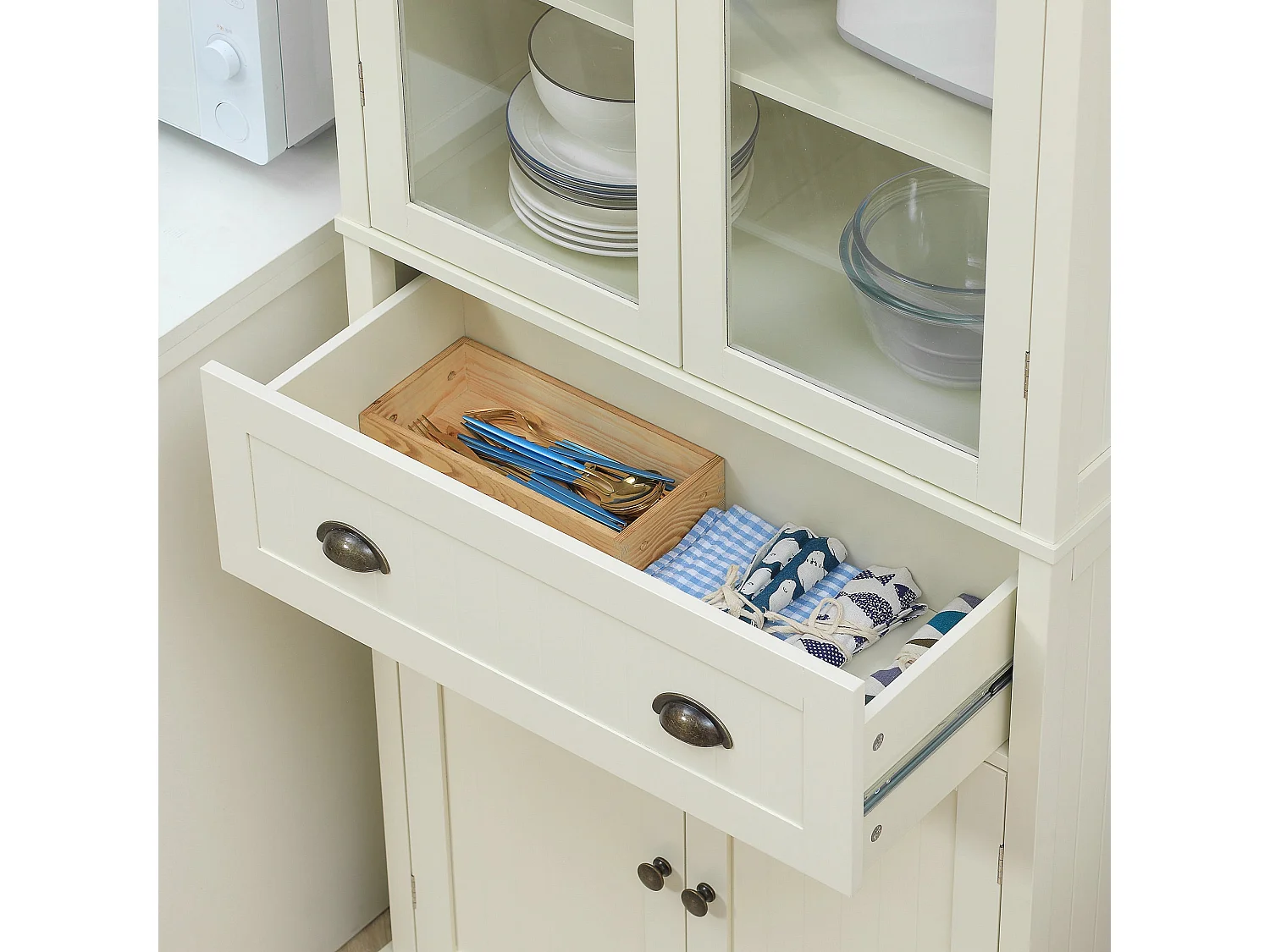 Fidozi Cream White 5 Tier Freestanding Kitchen Pantry Cabinet with Adjustable Shelves and Drawer