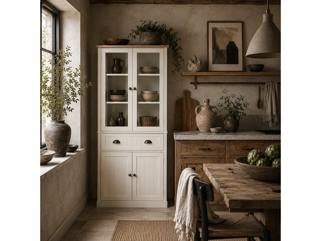 Fidozi Cream White 5 Tier Freestanding Kitchen Pantry Cabinet with Adjustable Shelves and Drawer