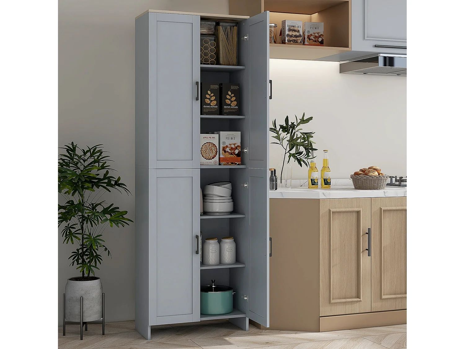 Keketa 171cm Grey 4 Door Wooden Kitchen Pantry Cabinet Narrow Freestanding Storage