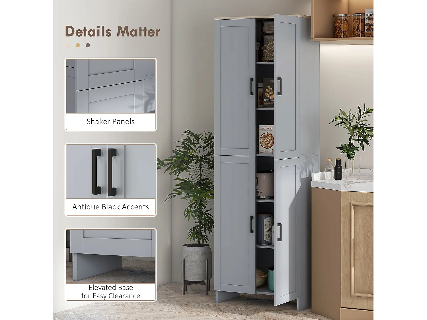 Keketa 171cm Grey 4 Door Wooden Kitchen Pantry Cabinet Narrow Freestanding Storage