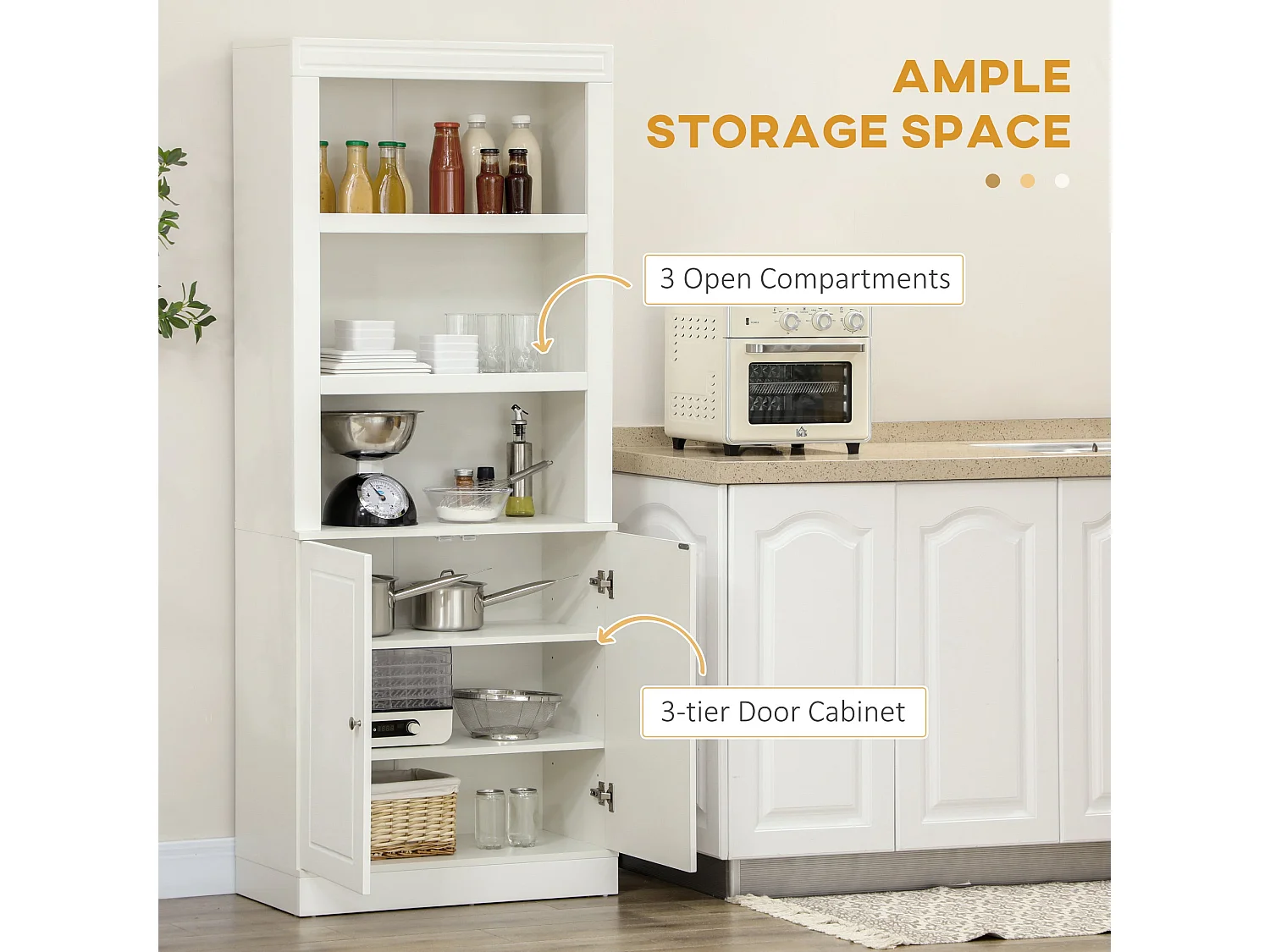 Kala 6 Tier White Freestanding Kitchen Storage Cupboard MDF Double Doors Hinged