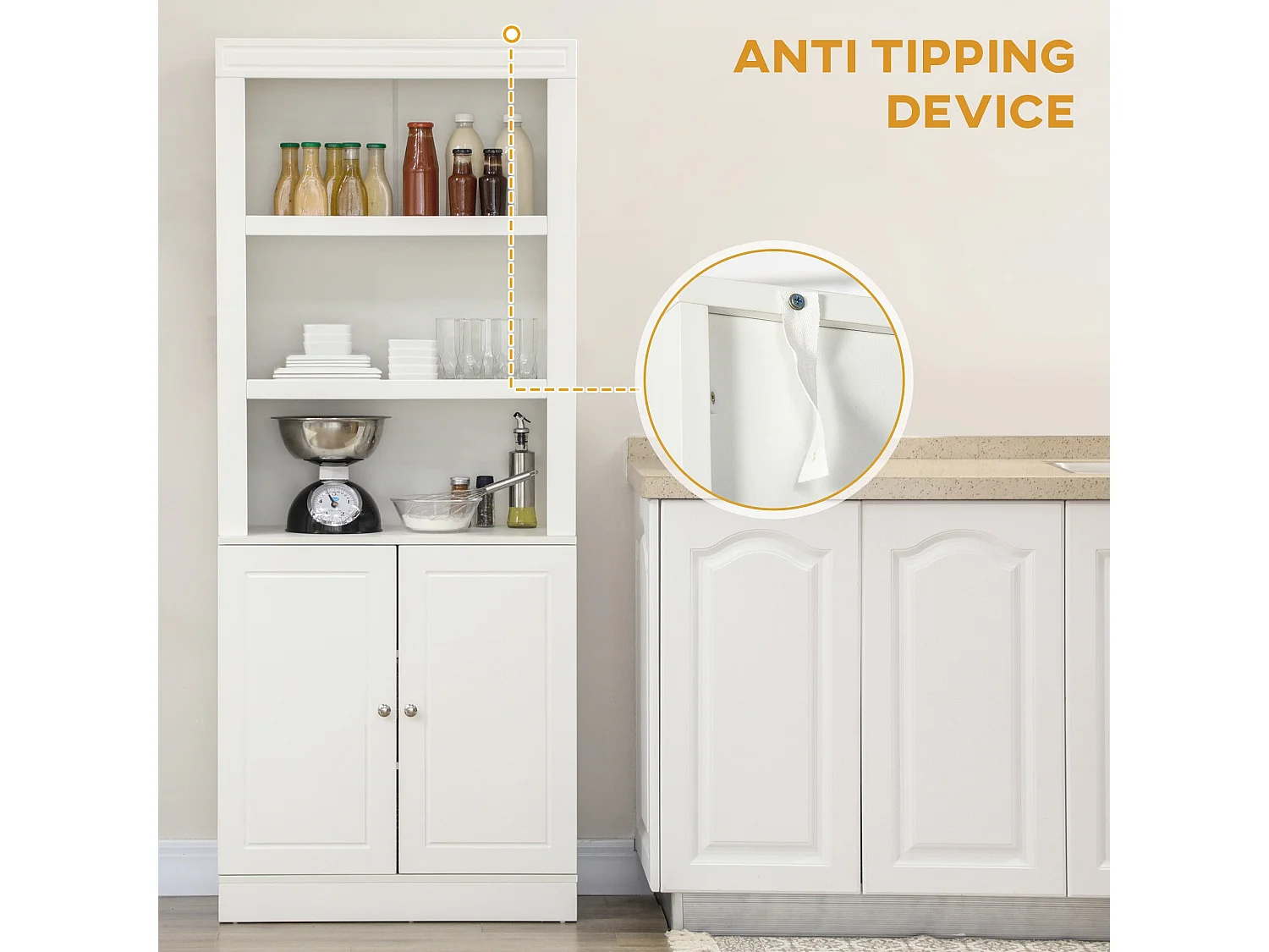 Kala 6 Tier White Freestanding Kitchen Storage Cupboard MDF Double Doors Hinged