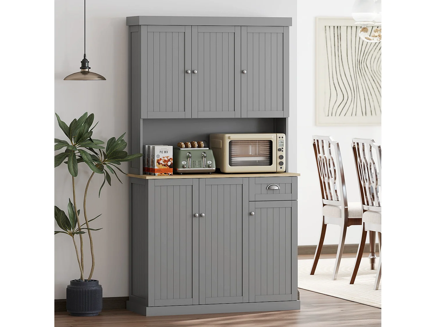 180cm Tall Grey Kitchen Storage Cabinet with Counter Drawer and 6 Doors