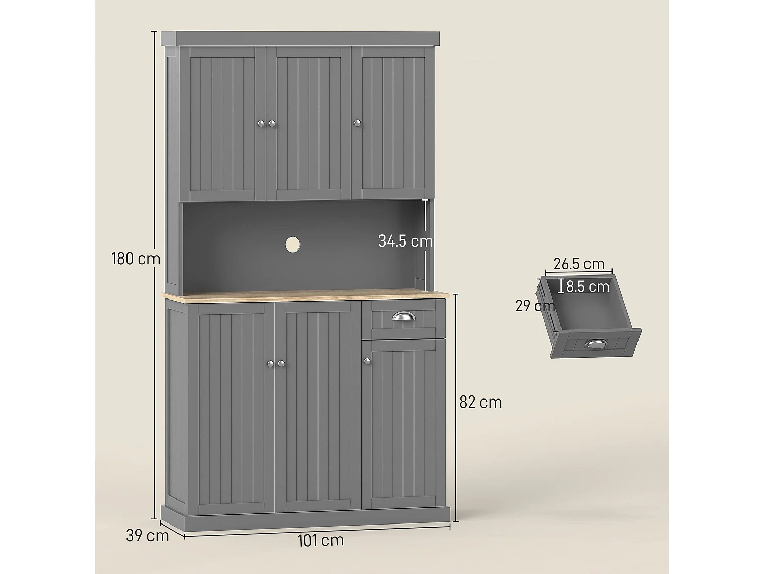 180cm Tall Grey Kitchen Storage Cabinet with Counter Drawer and 6 Doors