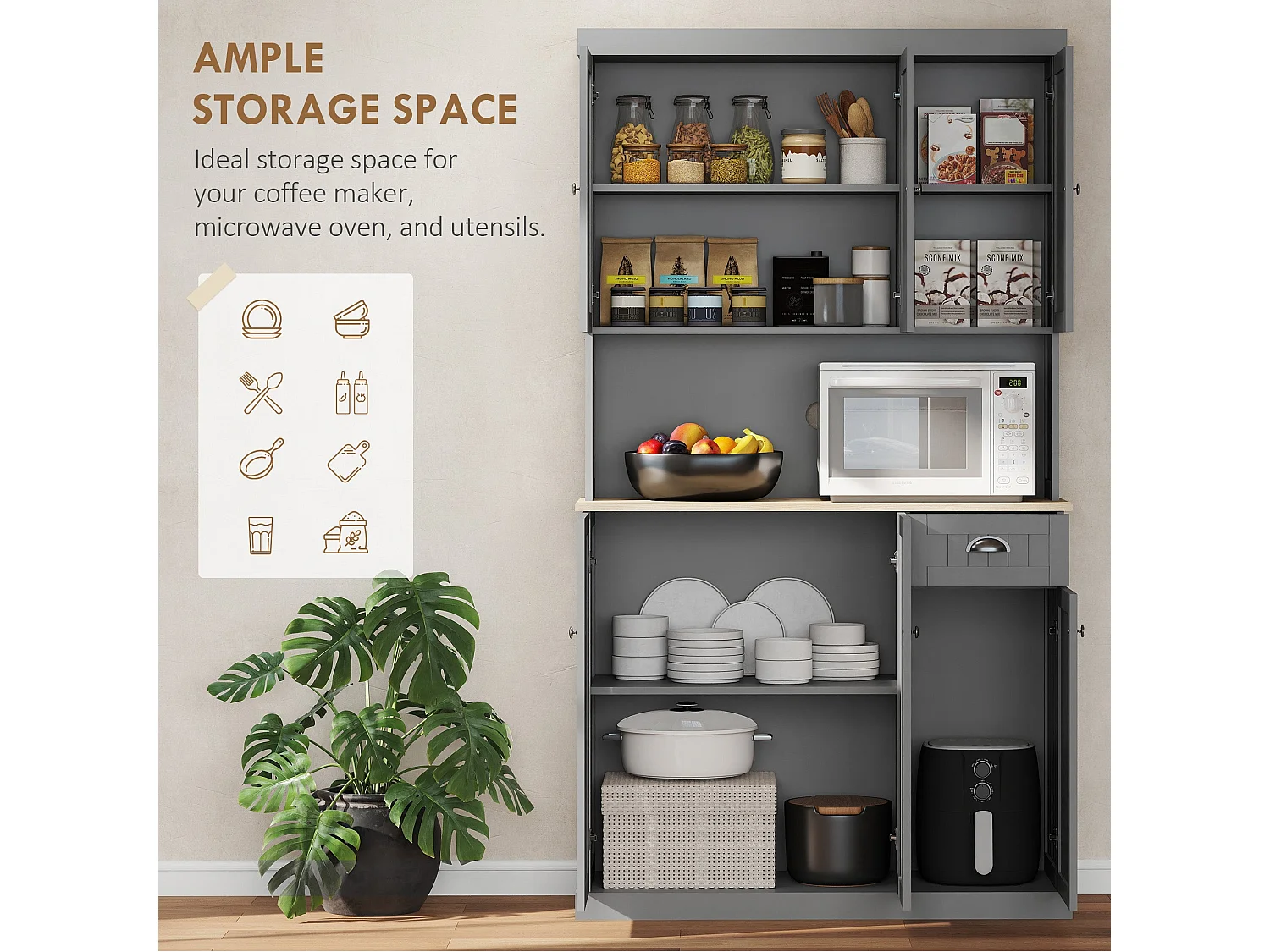 180cm Tall Grey Kitchen Storage Cabinet with Counter Drawer and 6 Doors