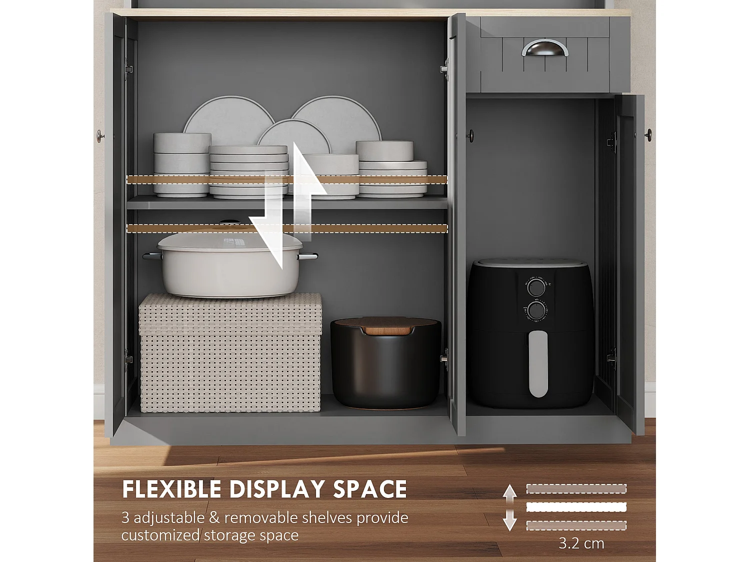 180cm Tall Grey Kitchen Storage Cabinet with Counter Drawer and 6 Doors