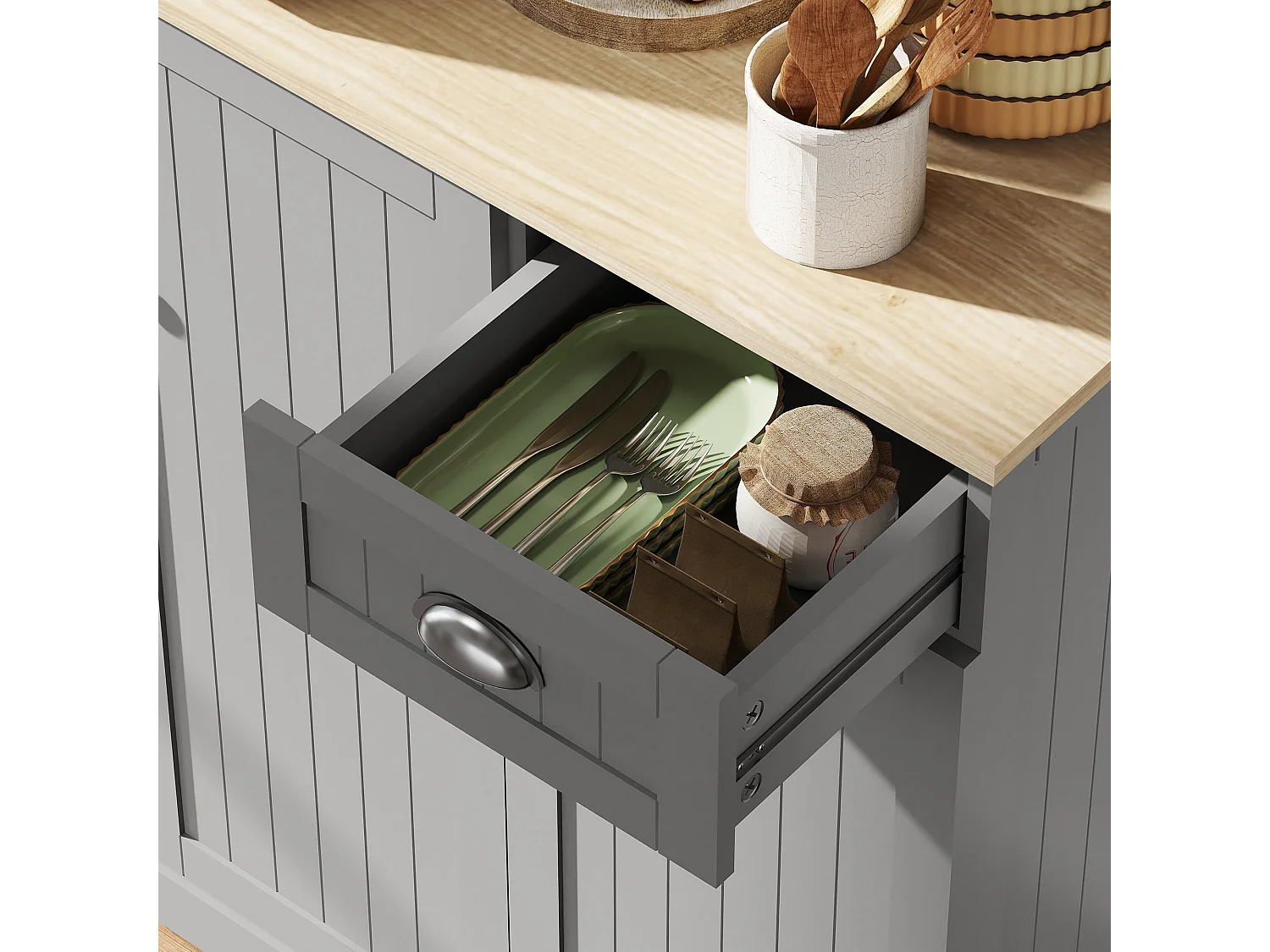 180cm Tall Grey Kitchen Storage Cabinet with Counter Drawer and 6 Doors