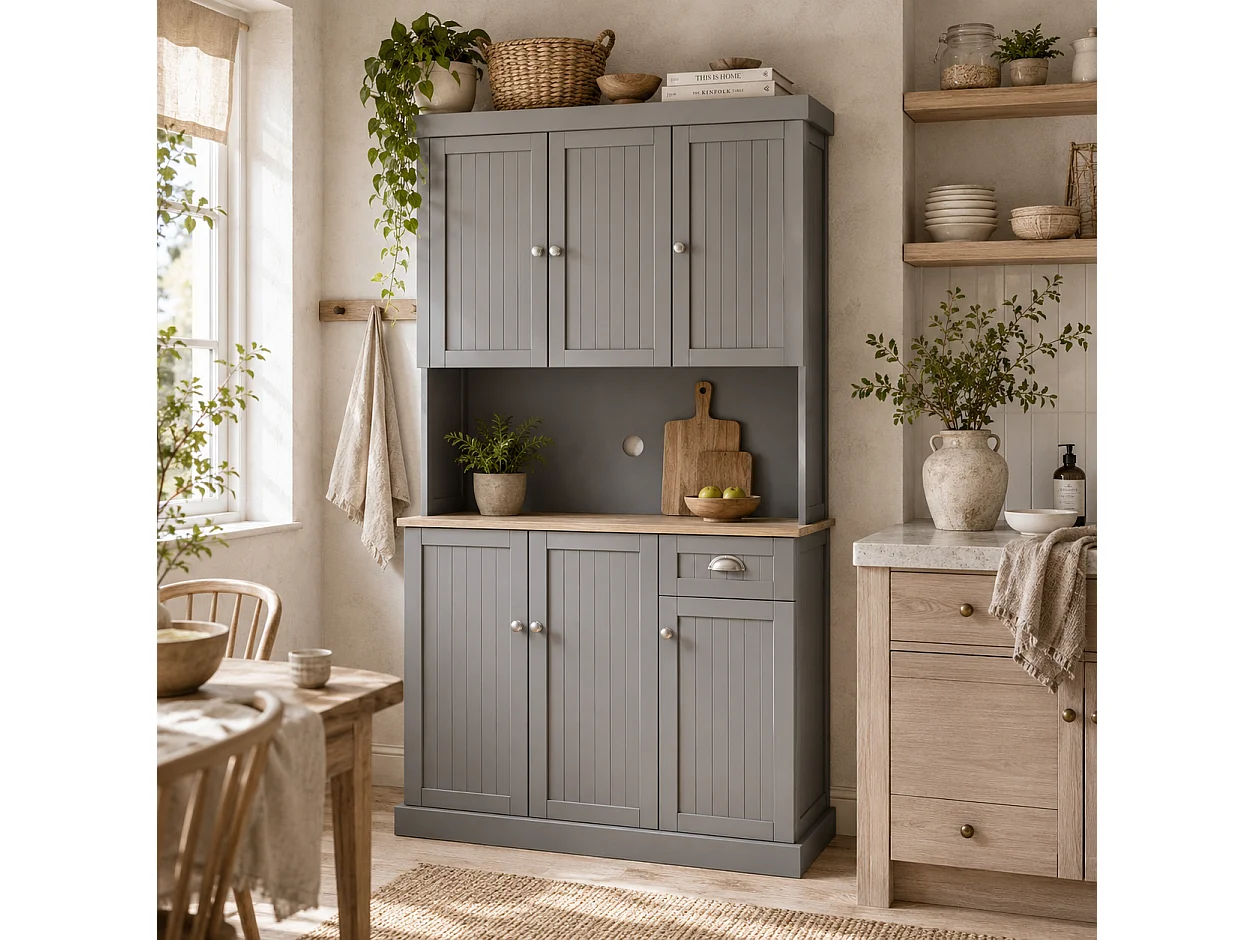 180cm Tall Grey Kitchen Storage Cabinet with Counter Drawer and 6 Doors
