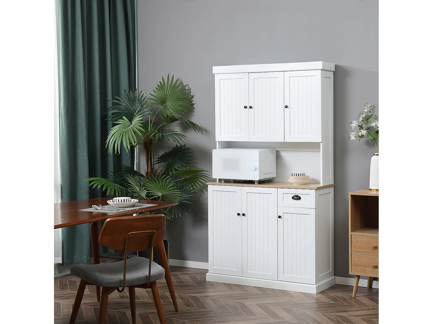 Moviel 180cm Tall White Kitchen Storage Cabinet Open Counter Drawer and 6 Doors