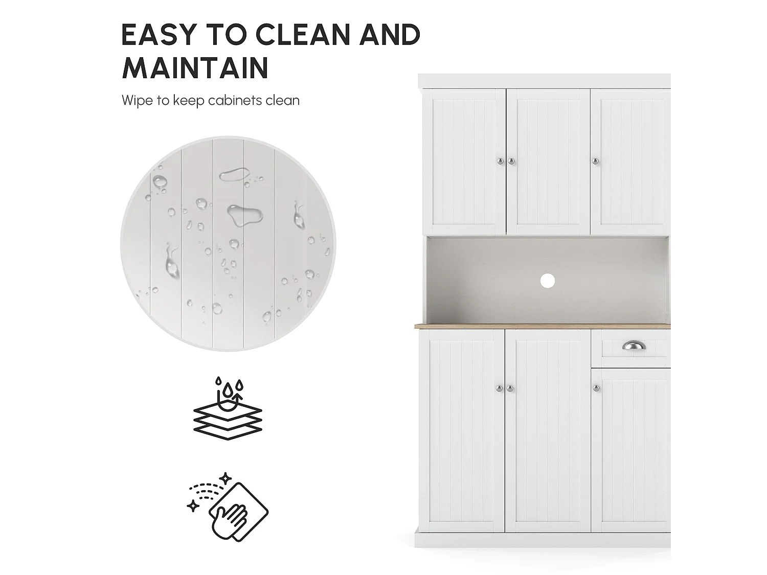 Moviel 180cm Tall White Kitchen Storage Cabinet Open Counter Drawer and 6 Doors