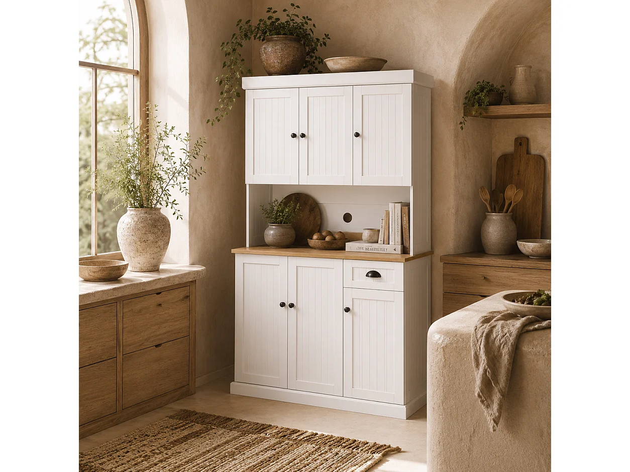Moviel 180cm Tall White Kitchen Storage Cabinet Open Counter Drawer and 6 Doors