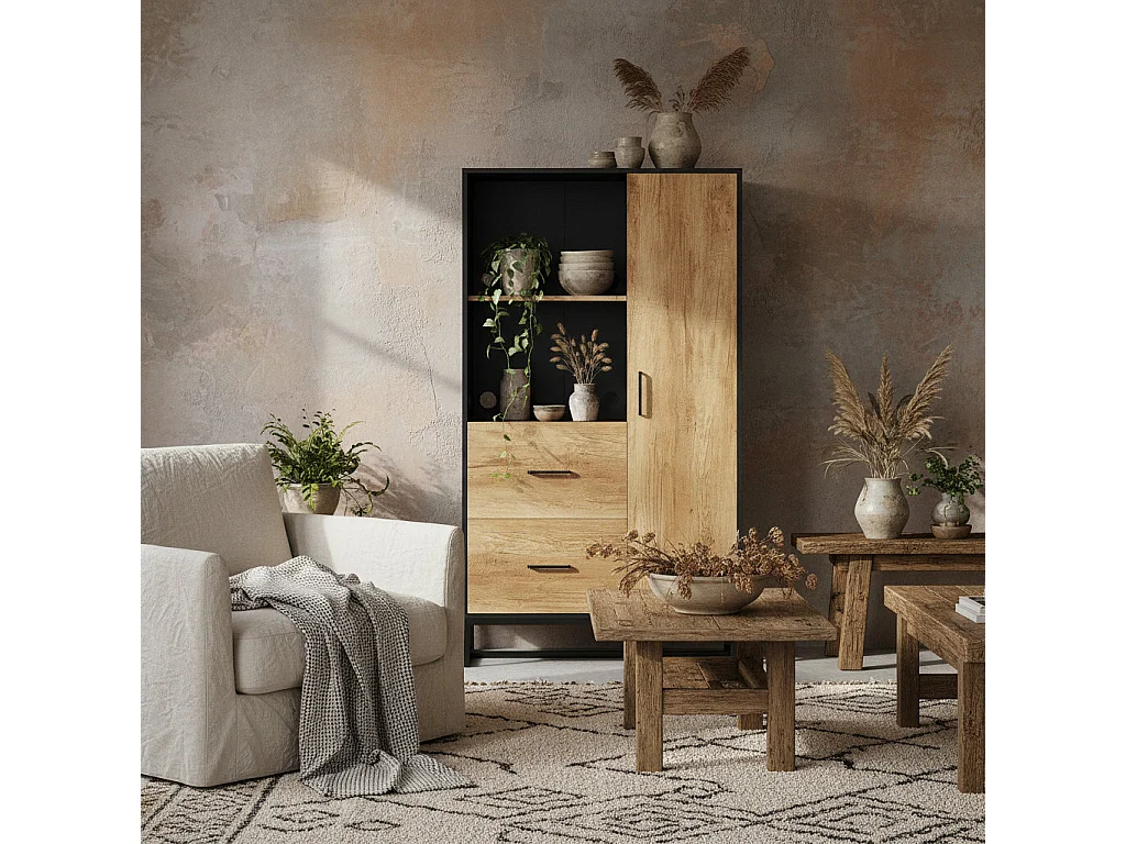 Kamilo 160cm Tall Kitchen Pantry Cabinet Black Frame Natural Wood Effect Doors Drawers Adjustable Shelves Soft Close