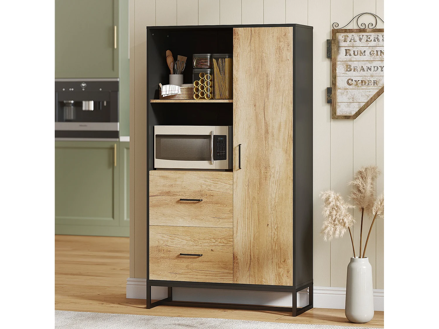 Kamilo 160cm Tall Kitchen Pantry Cabinet Black Frame Natural Wood Effect Doors Drawers Adjustable Shelves Soft Close