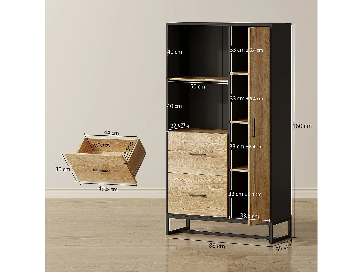 Kamilo 160cm Tall Kitchen Pantry Cabinet Black Frame Natural Wood Effect Doors Drawers Adjustable Shelves Soft Close