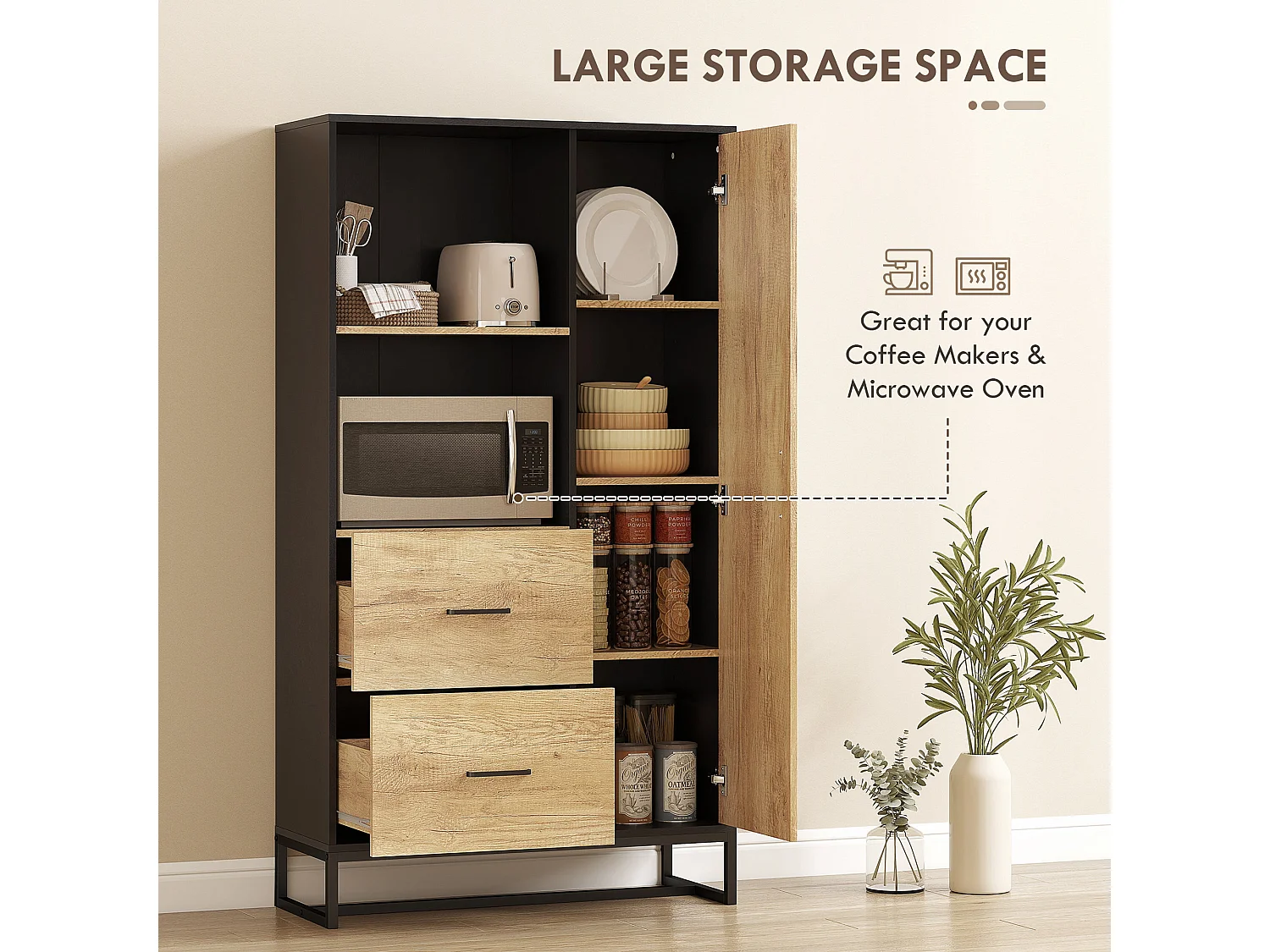 Kamilo 160cm Tall Kitchen Pantry Cabinet Black Frame Natural Wood Effect Doors Drawers Adjustable Shelves Soft Close