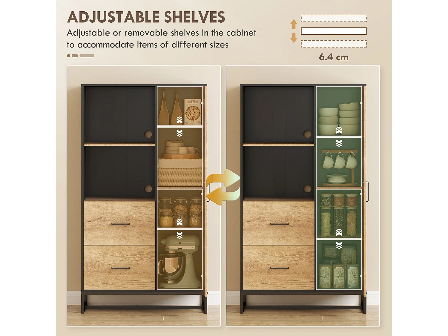 Kamilo 160cm Tall Kitchen Pantry Cabinet Black Frame Natural Wood Effect Doors Drawers Adjustable Shelves Soft Close