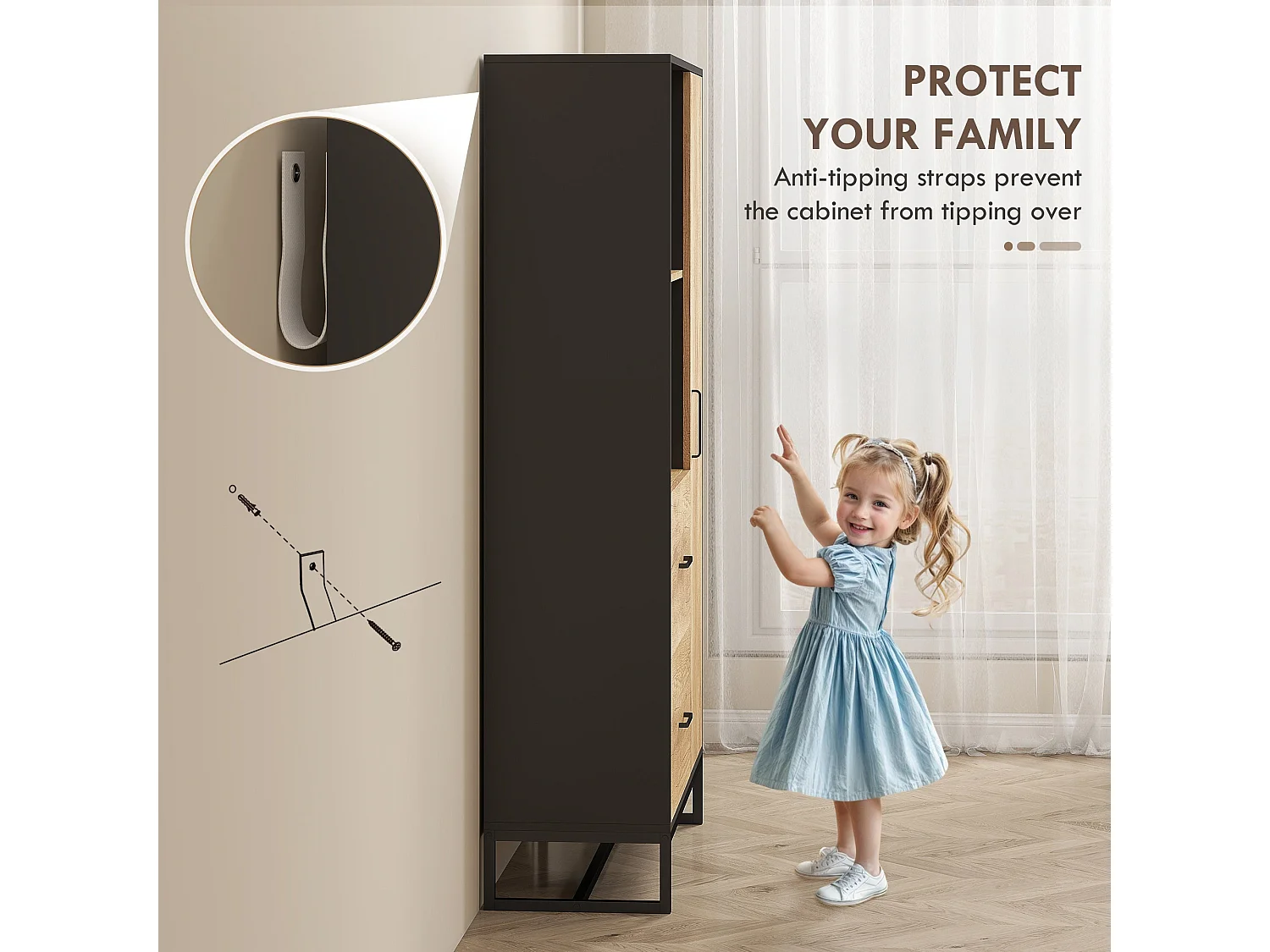Kamilo 160cm Tall Kitchen Pantry Cabinet Black Frame Natural Wood Effect Doors Drawers Adjustable Shelves Soft Close