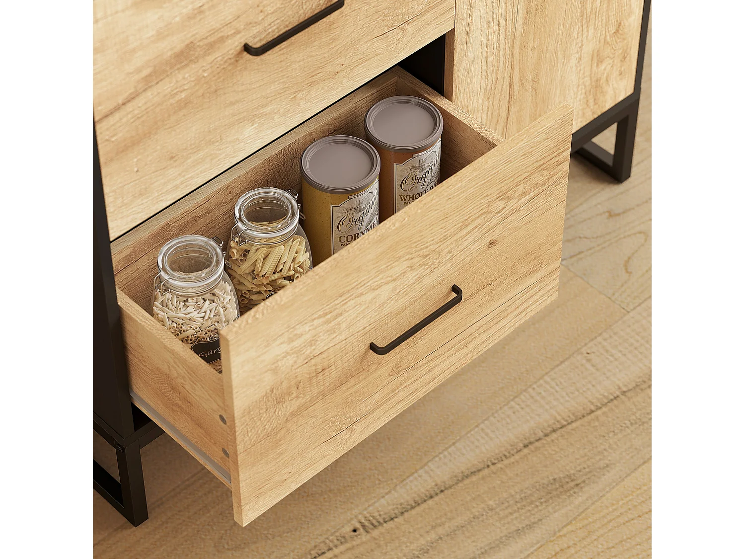 Kamilo 160cm Tall Kitchen Pantry Cabinet Black Frame Natural Wood Effect Doors Drawers Adjustable Shelves Soft Close
