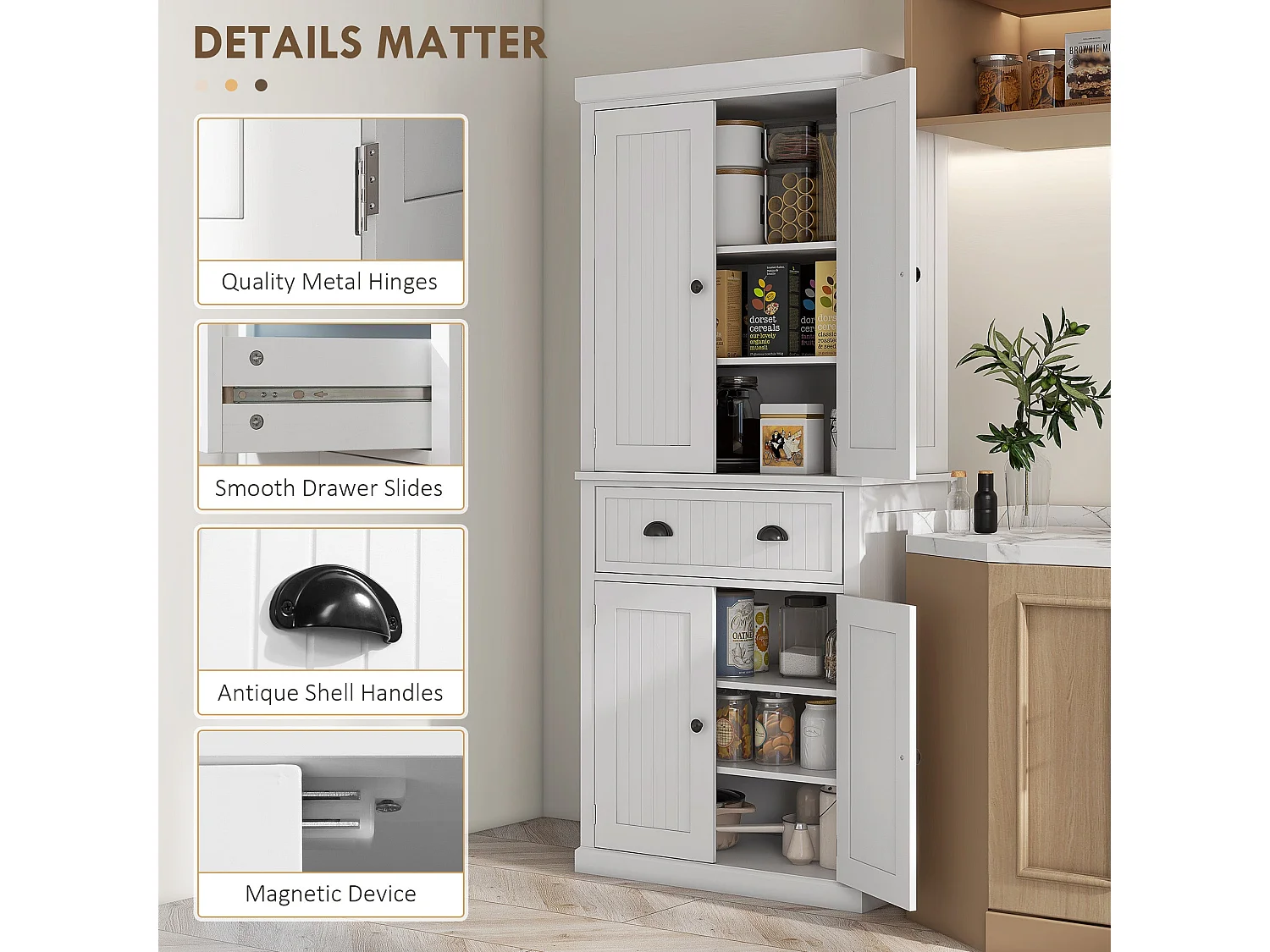 Ellu Soso White Kitchen Storage Cabinet with Drawer and Adjustable Shelves