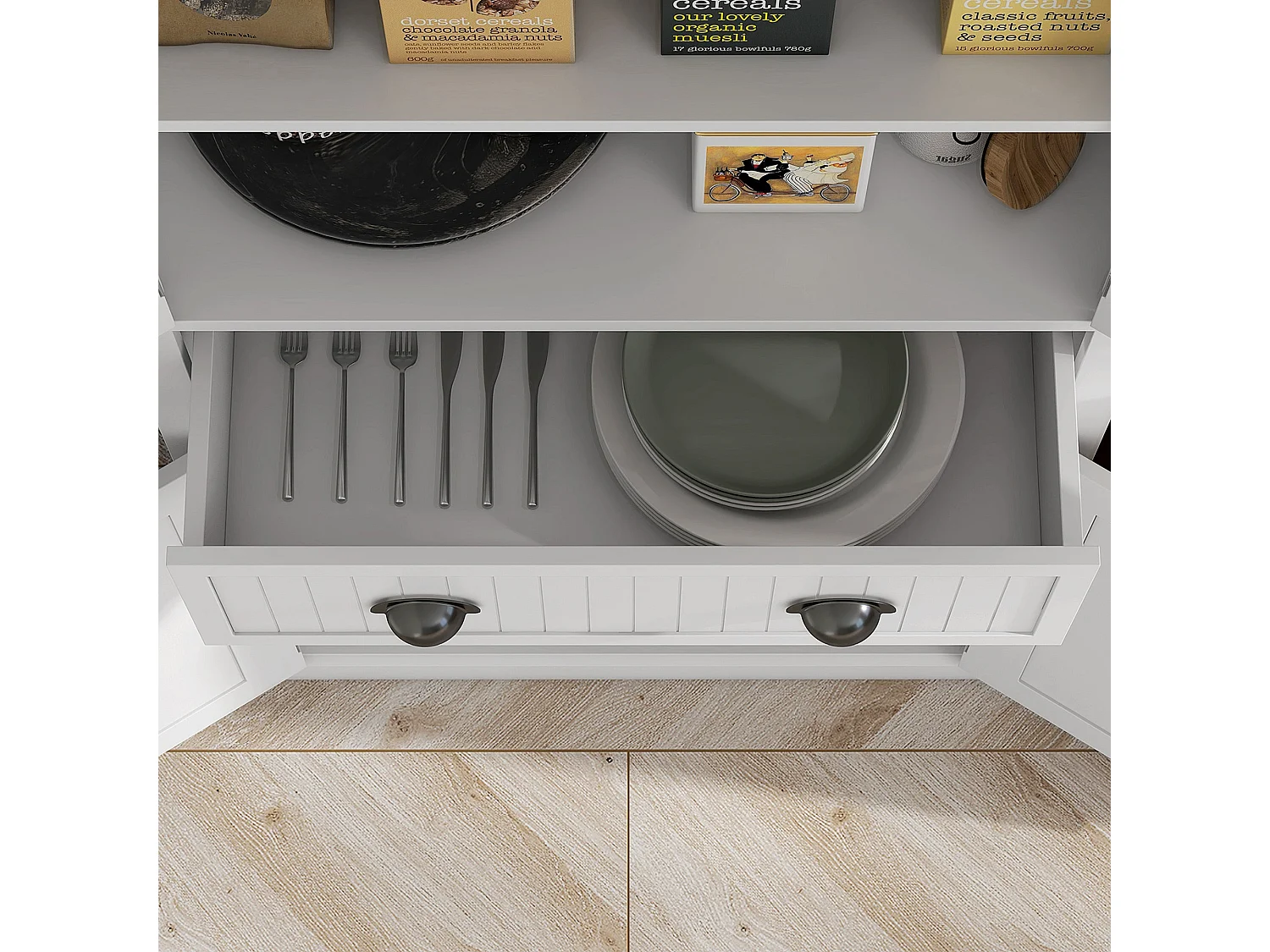 Ellu Soso White Kitchen Storage Cabinet with Drawer and Adjustable Shelves