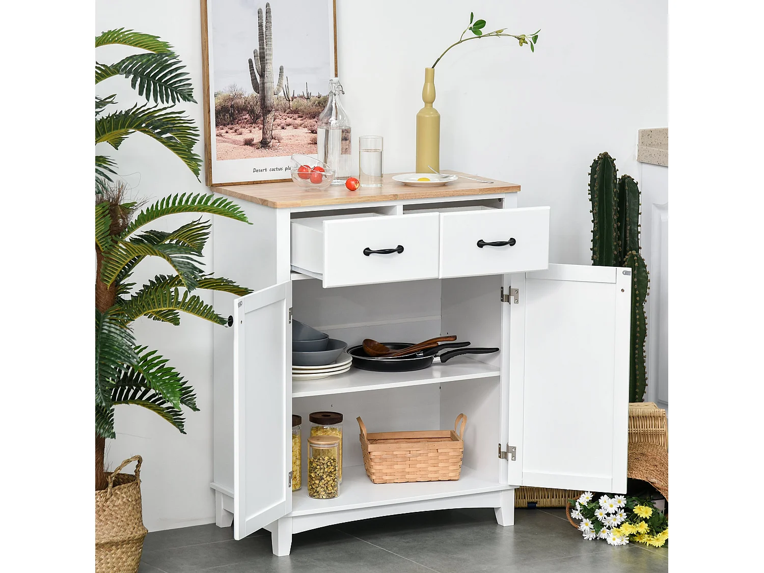 Vamalu White Kitchen Sideboard with 2 Drawers and Rubberwood Top