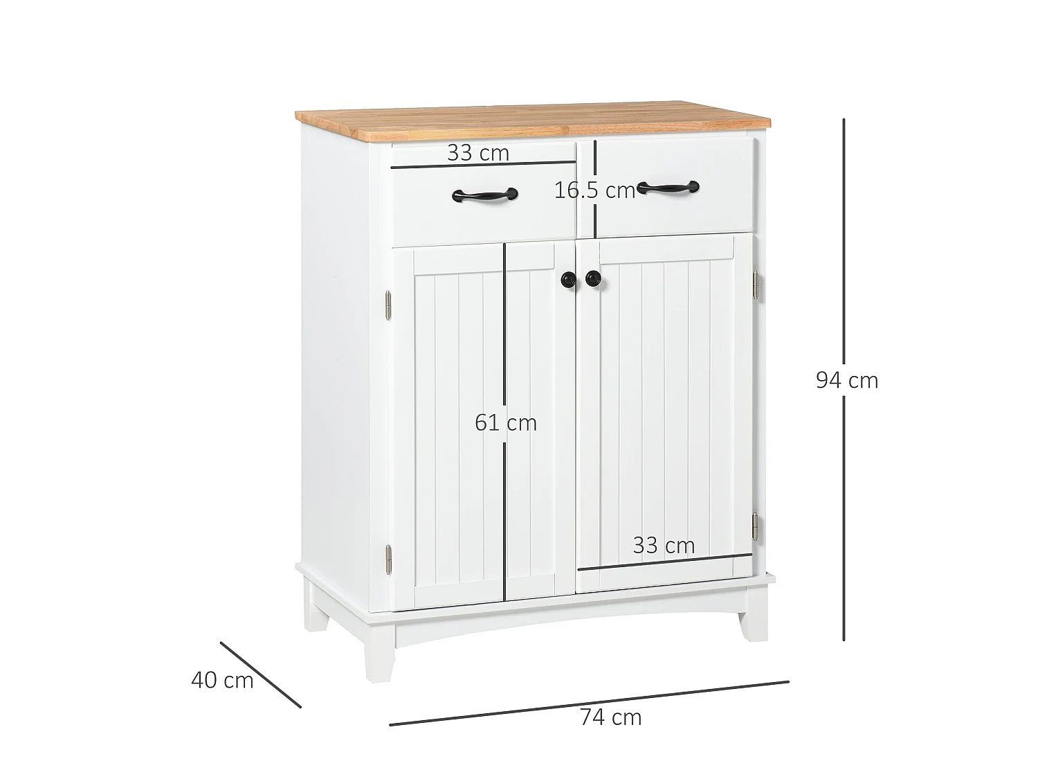 Vamalu White Kitchen Sideboard with 2 Drawers and Rubberwood Top