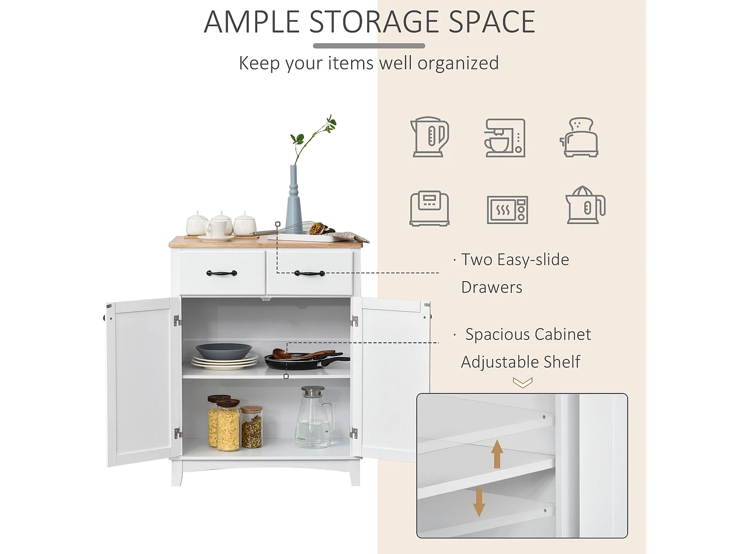 Vamalu White Kitchen Sideboard with 2 Drawers and Rubberwood Top
