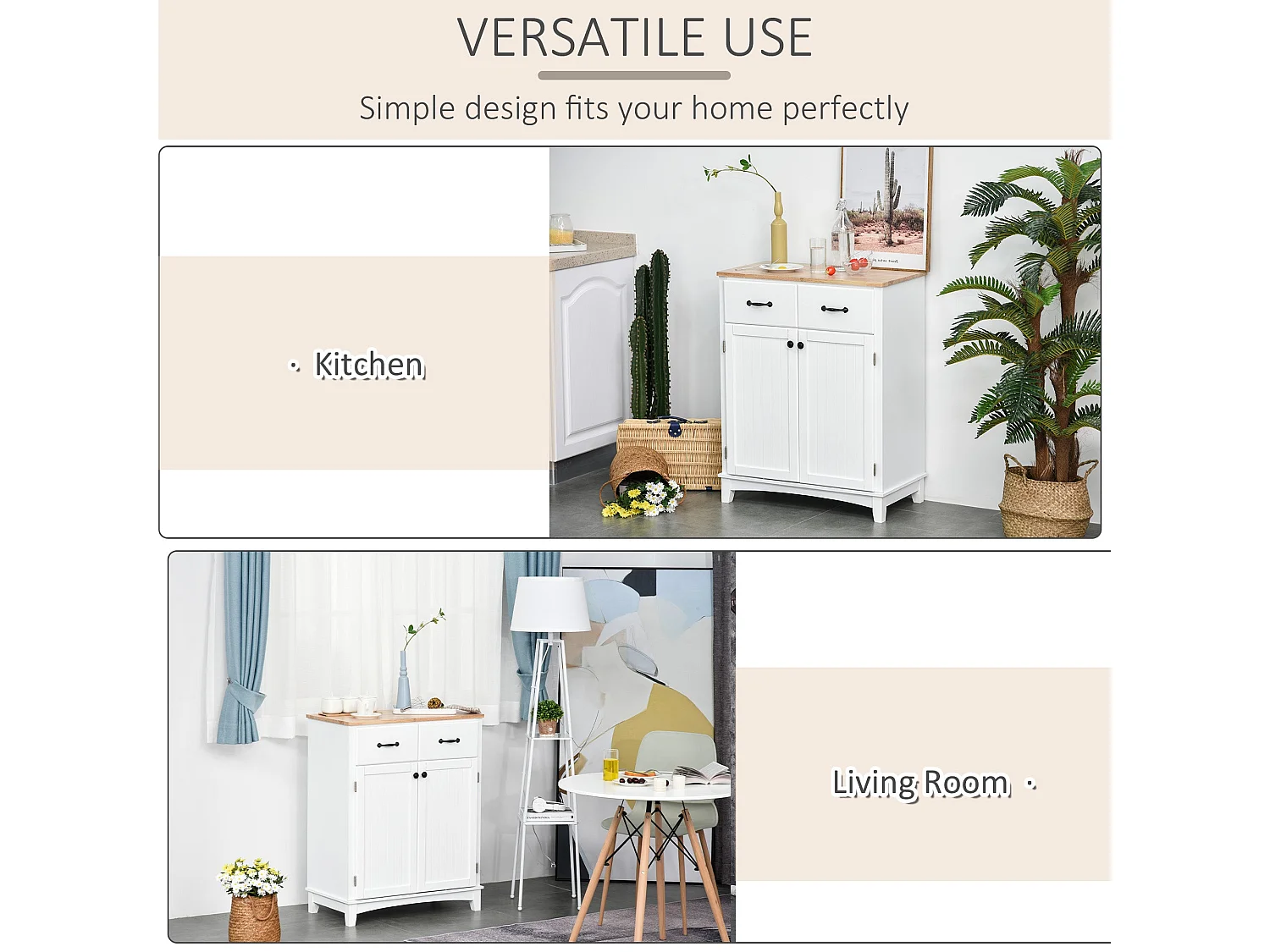 Vamalu White Kitchen Sideboard with 2 Drawers and Rubberwood Top