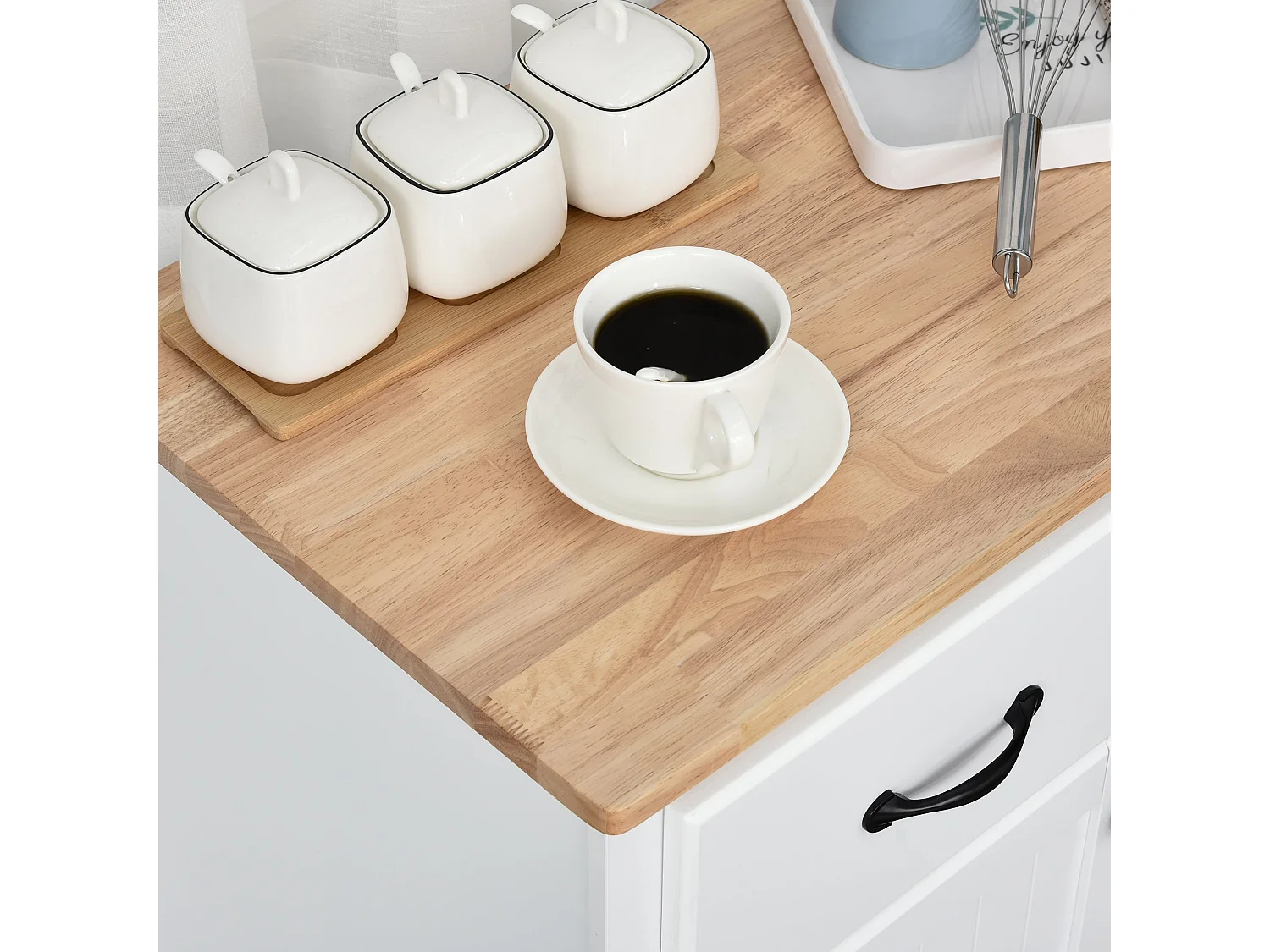 Vamalu White Kitchen Sideboard with 2 Drawers and Rubberwood Top