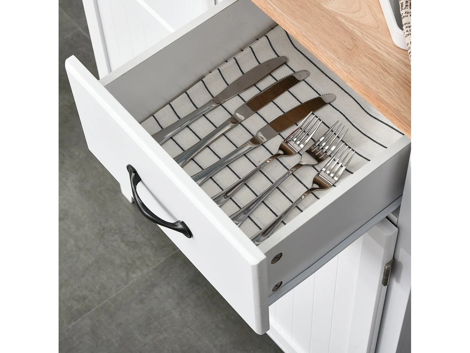 Vamalu White Kitchen Sideboard with 2 Drawers and Rubberwood Top