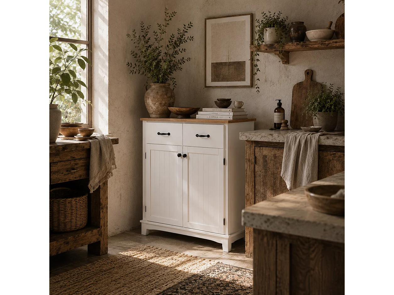 Vamalu White Kitchen Sideboard with 2 Drawers and Rubberwood Top