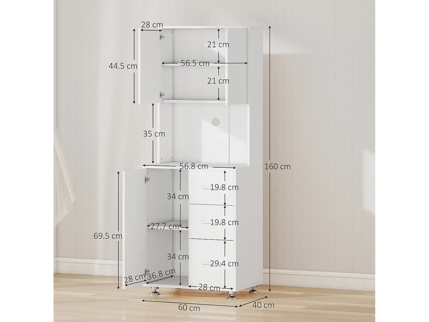 Cohana White Modern Kitchen Cupboard 3 Drawers Open Counter 160x60x40cm