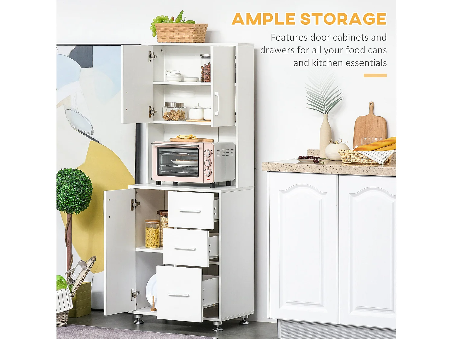 Cohana White Modern Kitchen Cupboard 3 Drawers Open Counter 160x60x40cm