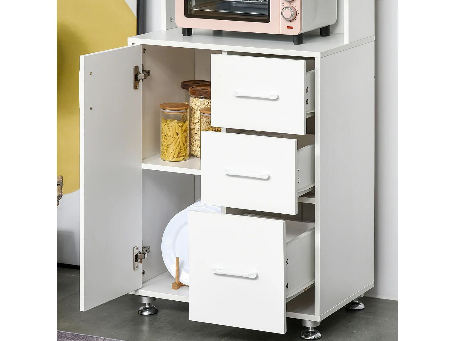 Cohana White Modern Kitchen Cupboard 3 Drawers Open Counter 160x60x40cm